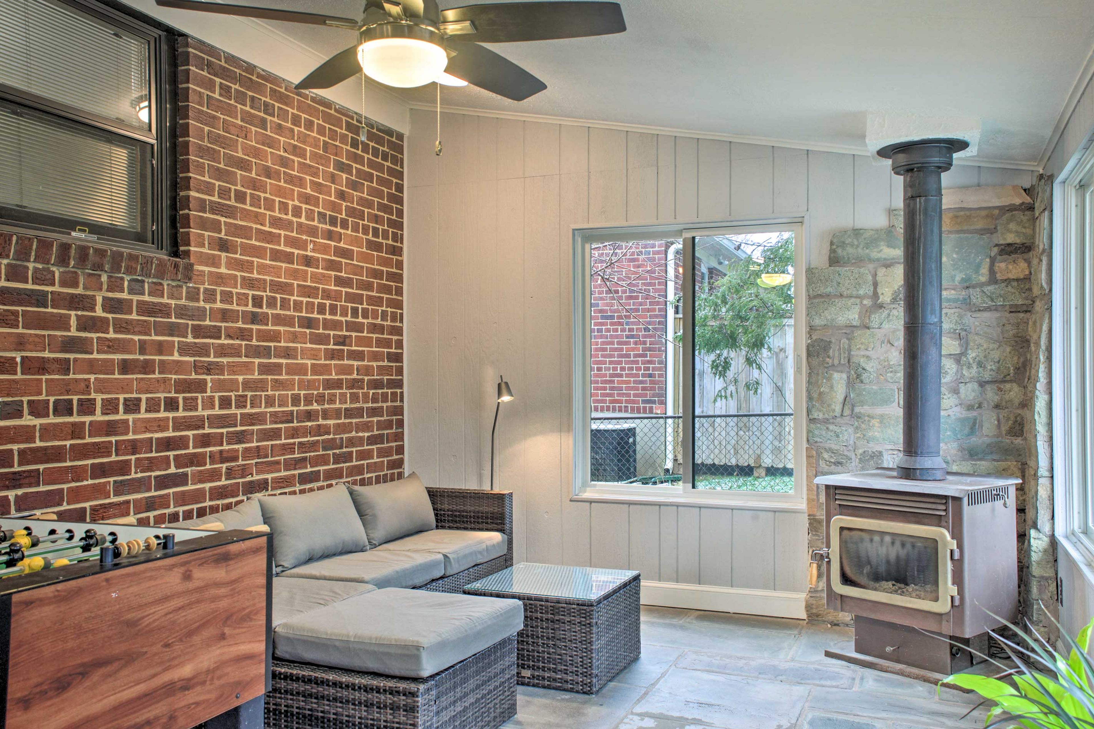 Get cozy sitting near the wood-burning stove.
