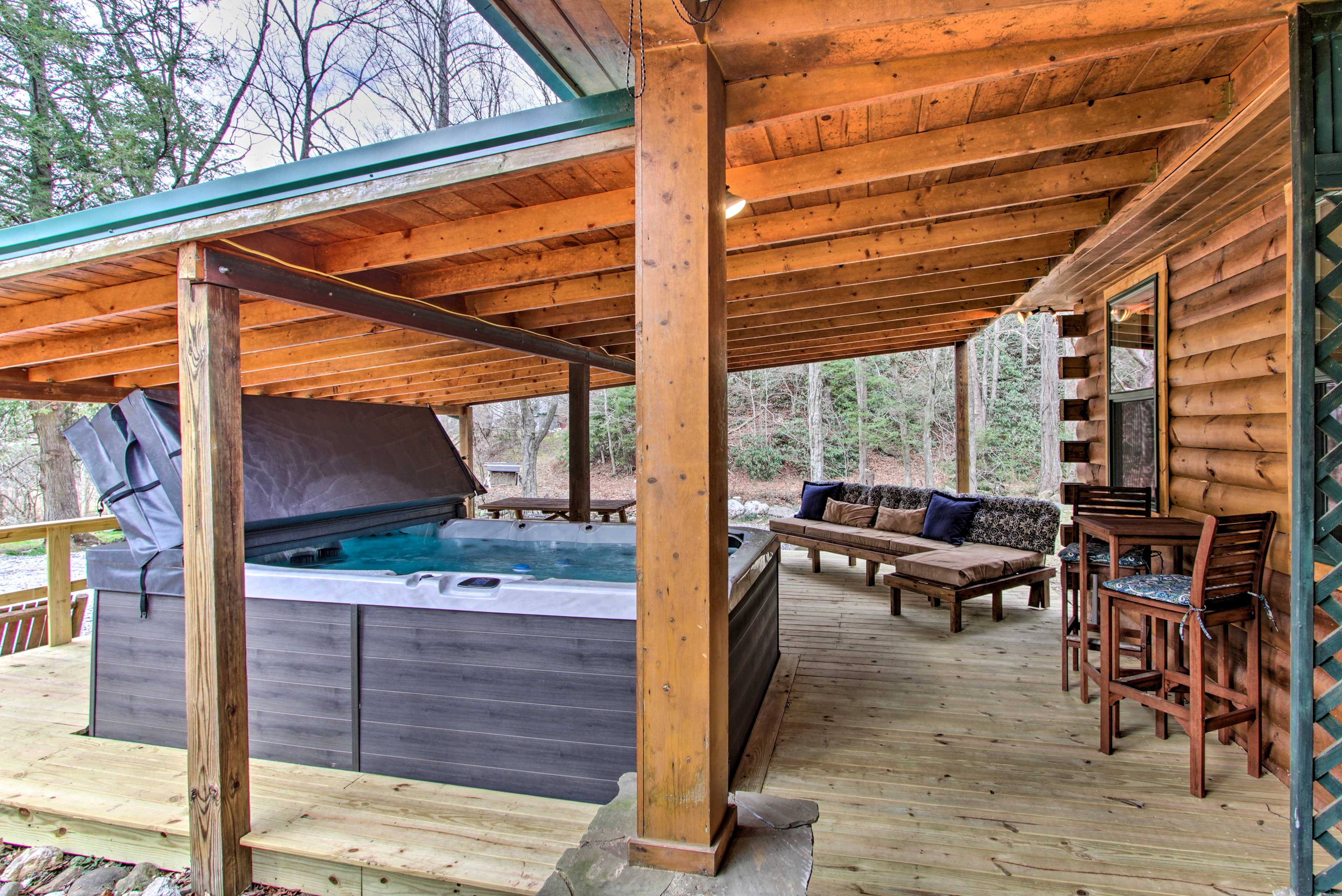 Covered Deck | Private Hot Tub | Lounge & Dining Areas