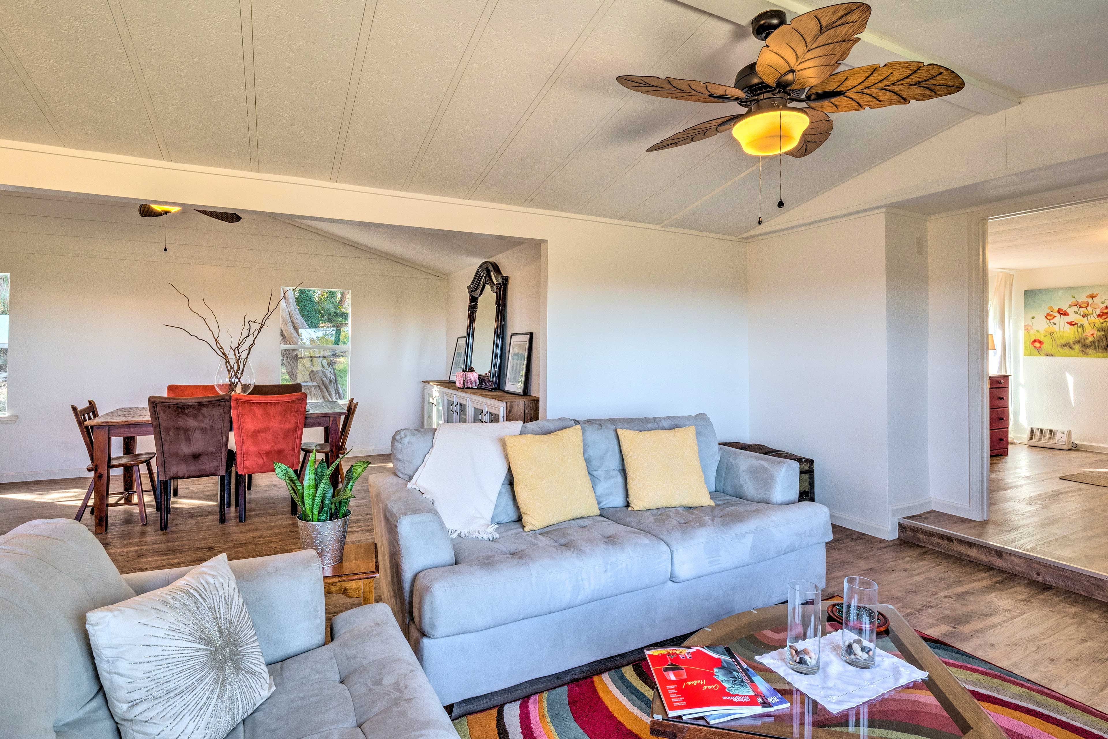 The charming interior features chic accents and unique decor.