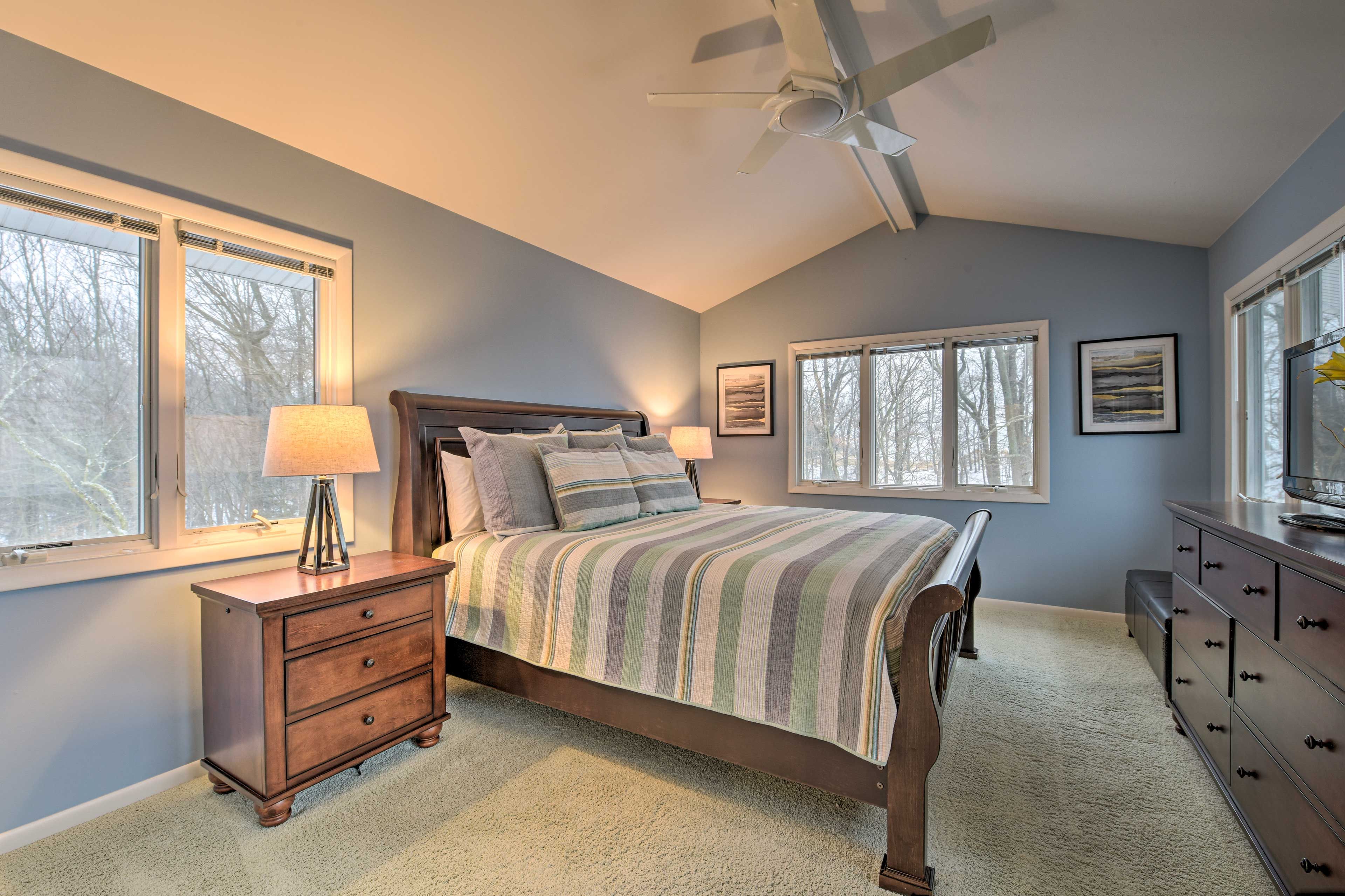 A king bed can be found in the master bedroom.