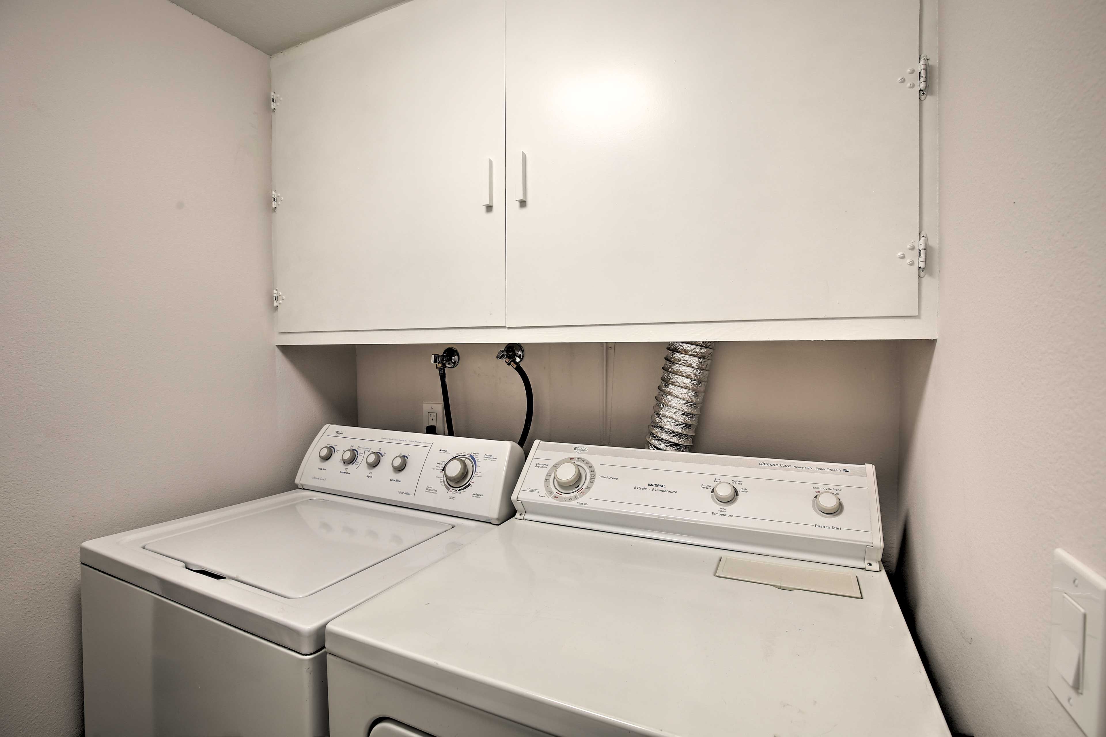 Keep your clothes looking sparkling clean with the in-home laundry machines.