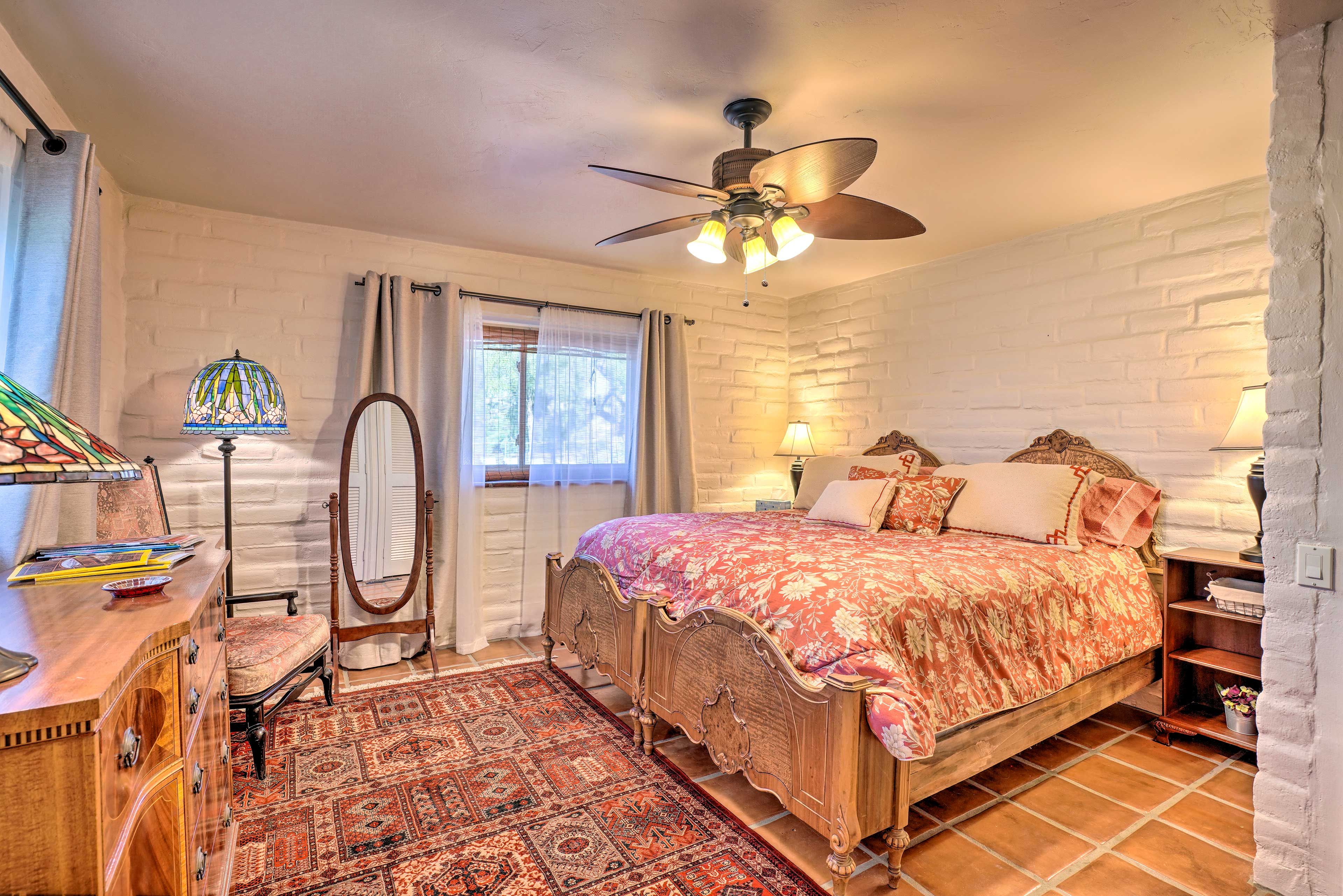 Each bedroom is tastefully-fully outfitted with eclectic decor.
