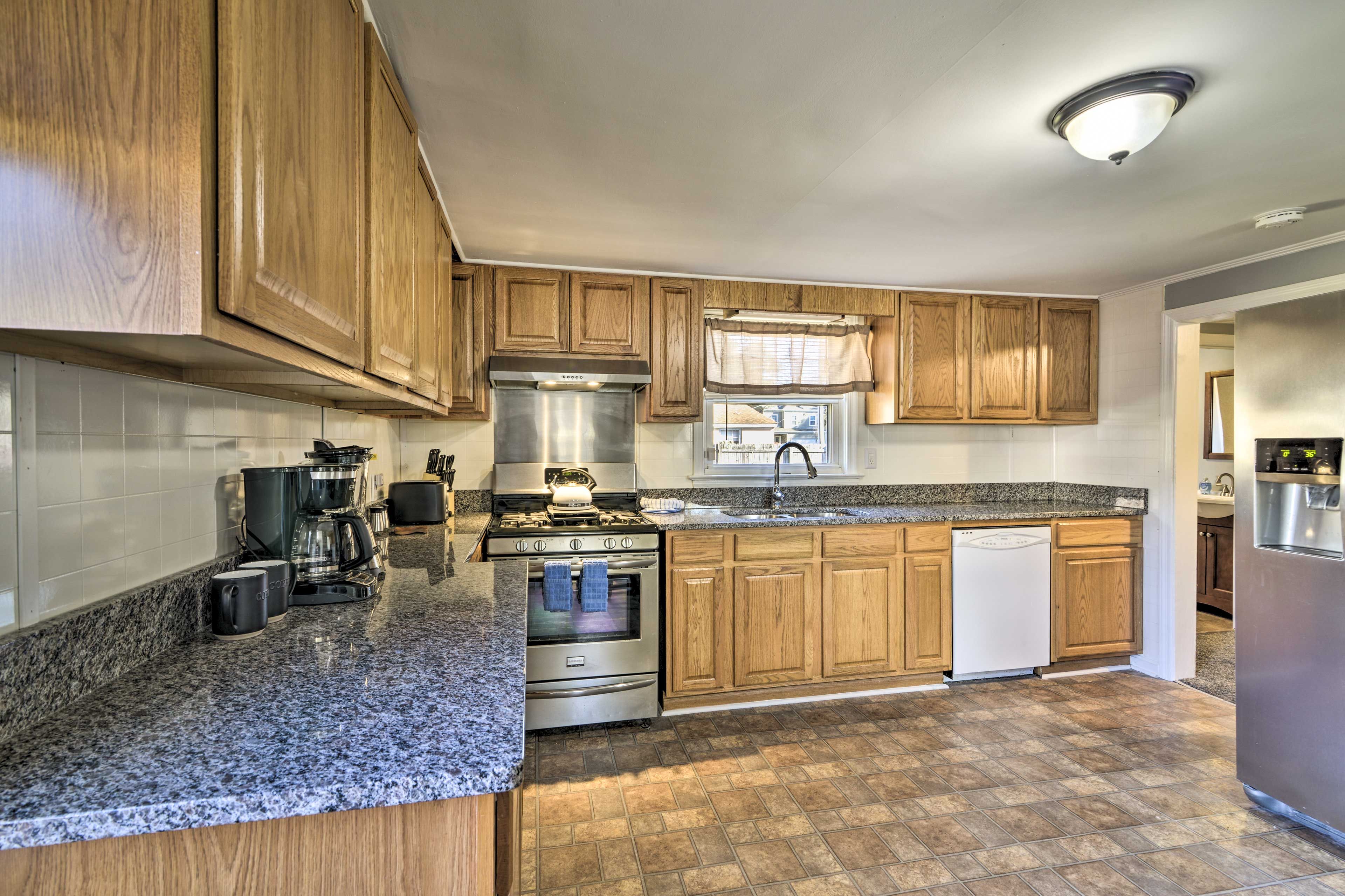 Cooking basics, a drip coffee maker, and blender come stocked in the kitchen.