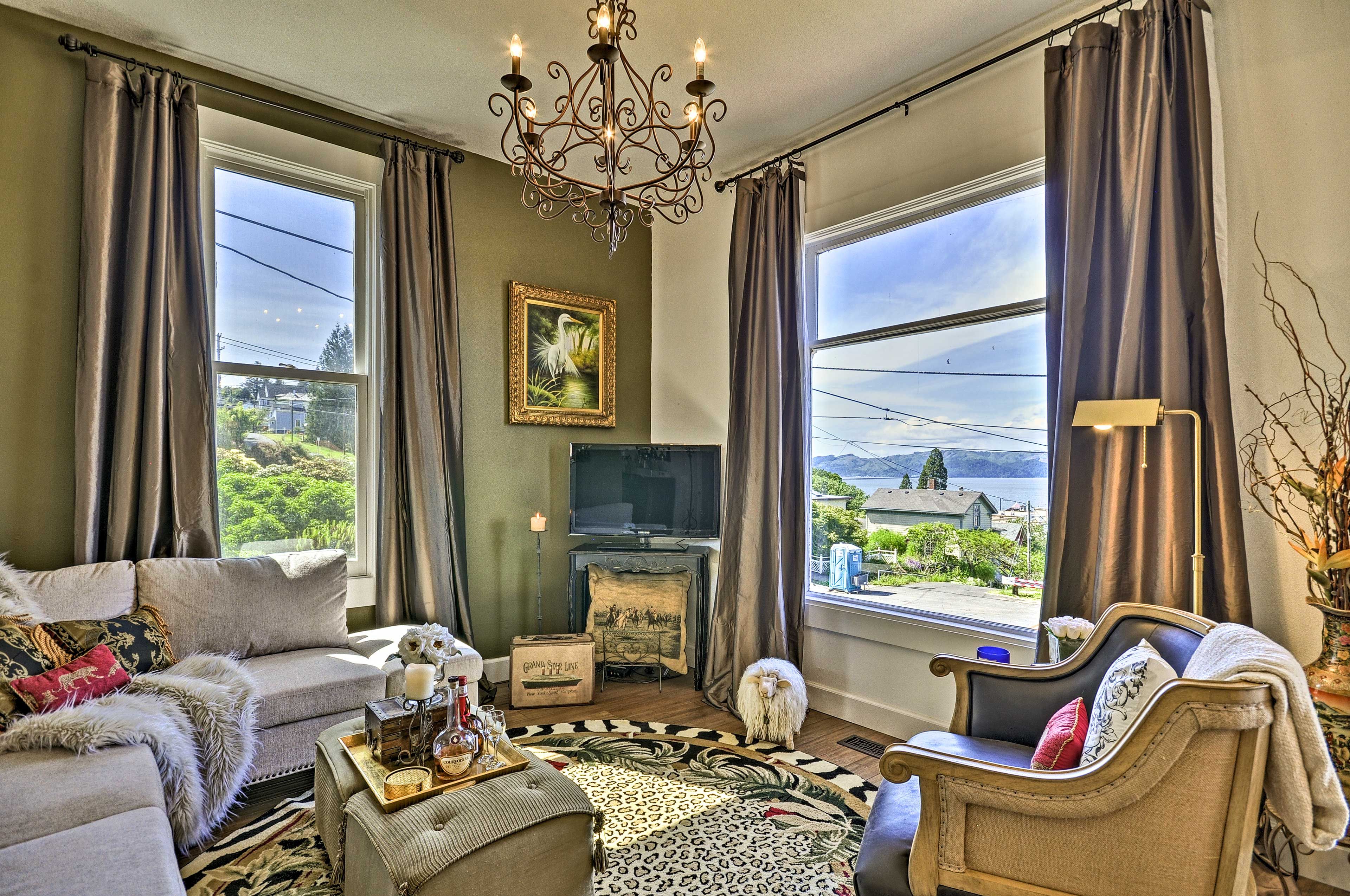 Relax in the living room with a drink and some TV.