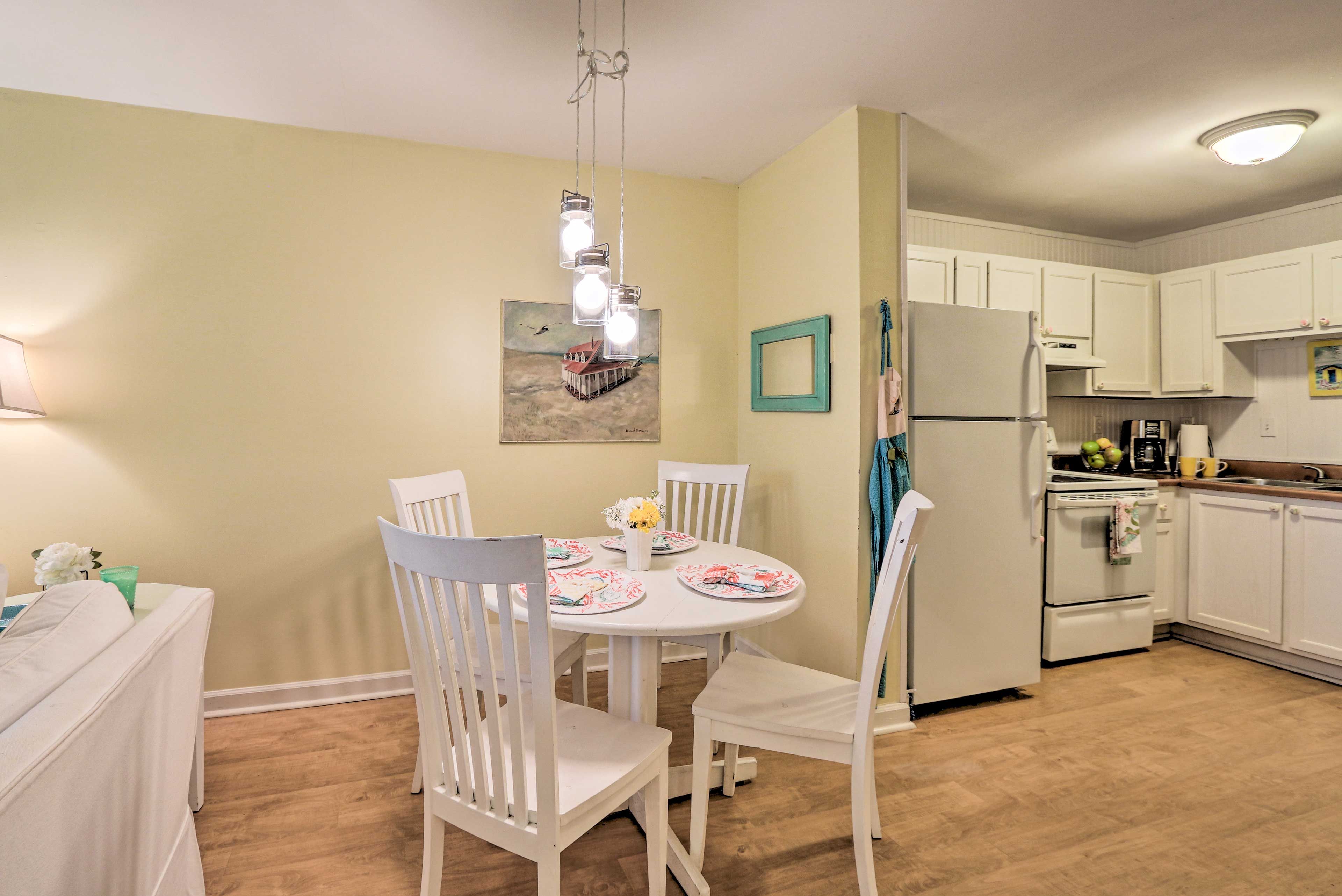 The dining table has seating for 4.