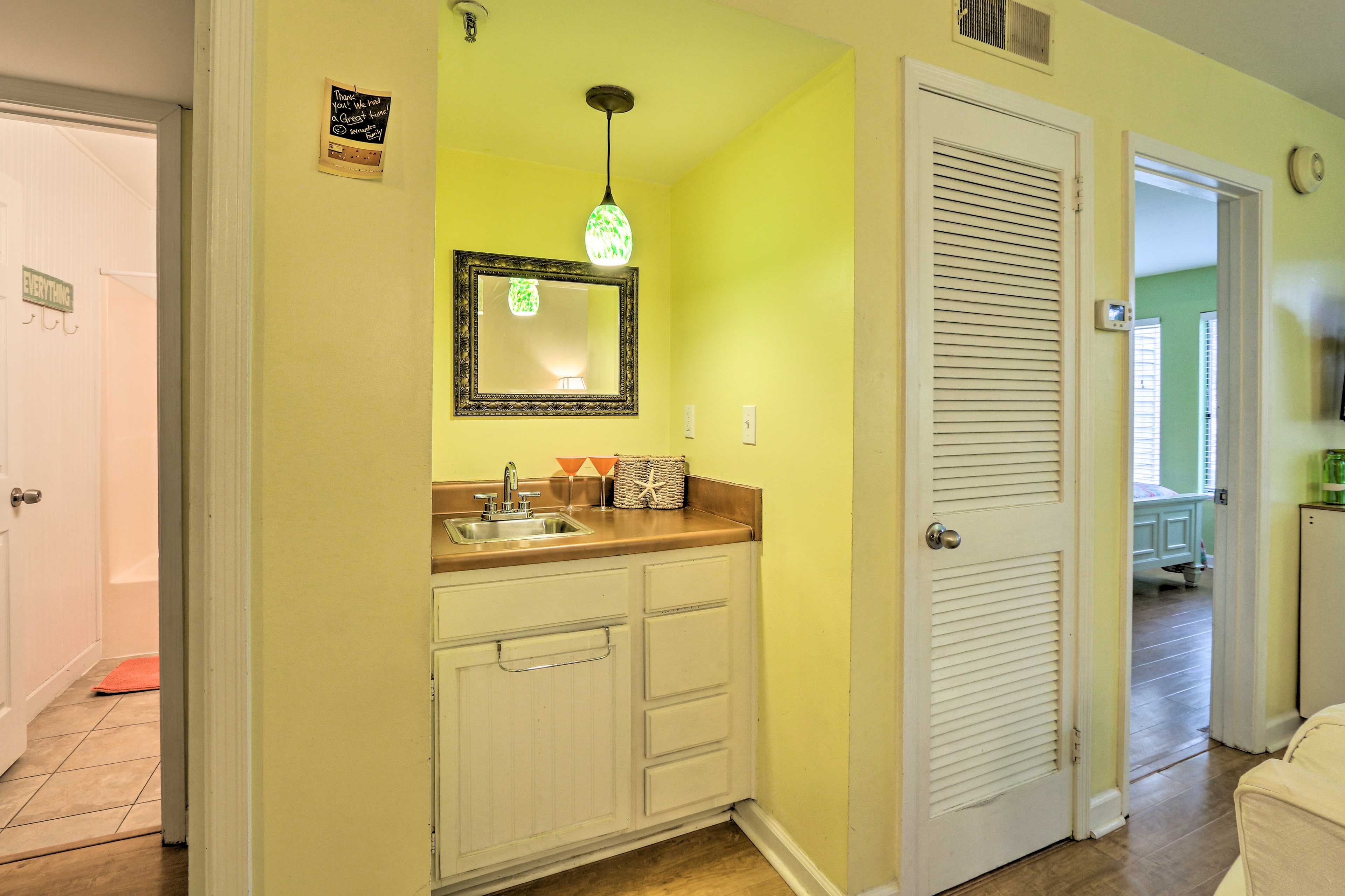 The wet bar has everything you need to mix up a martini.