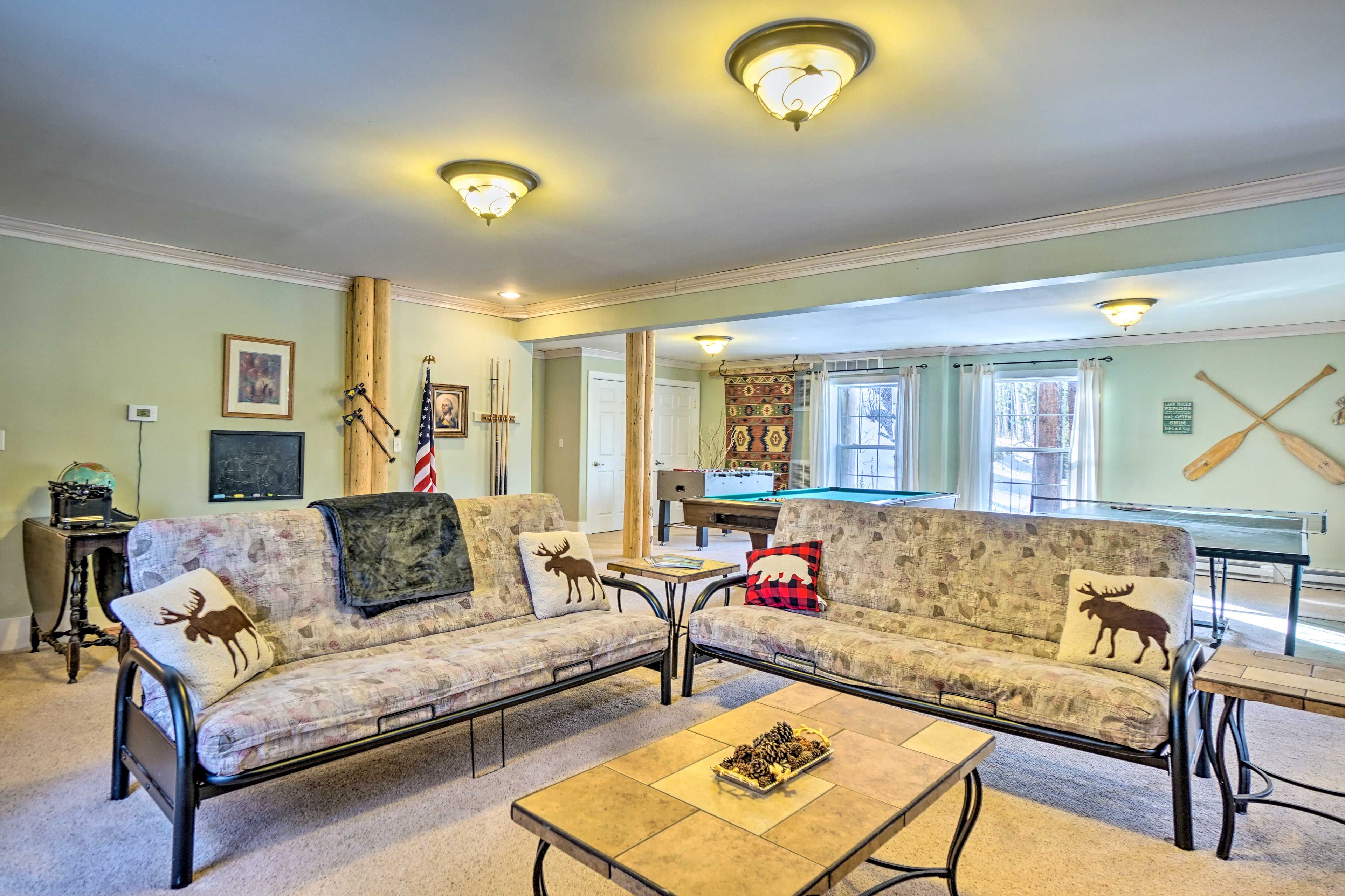 Family Room | 2 Full Futons | Wood-Burning Stove | Basement Level