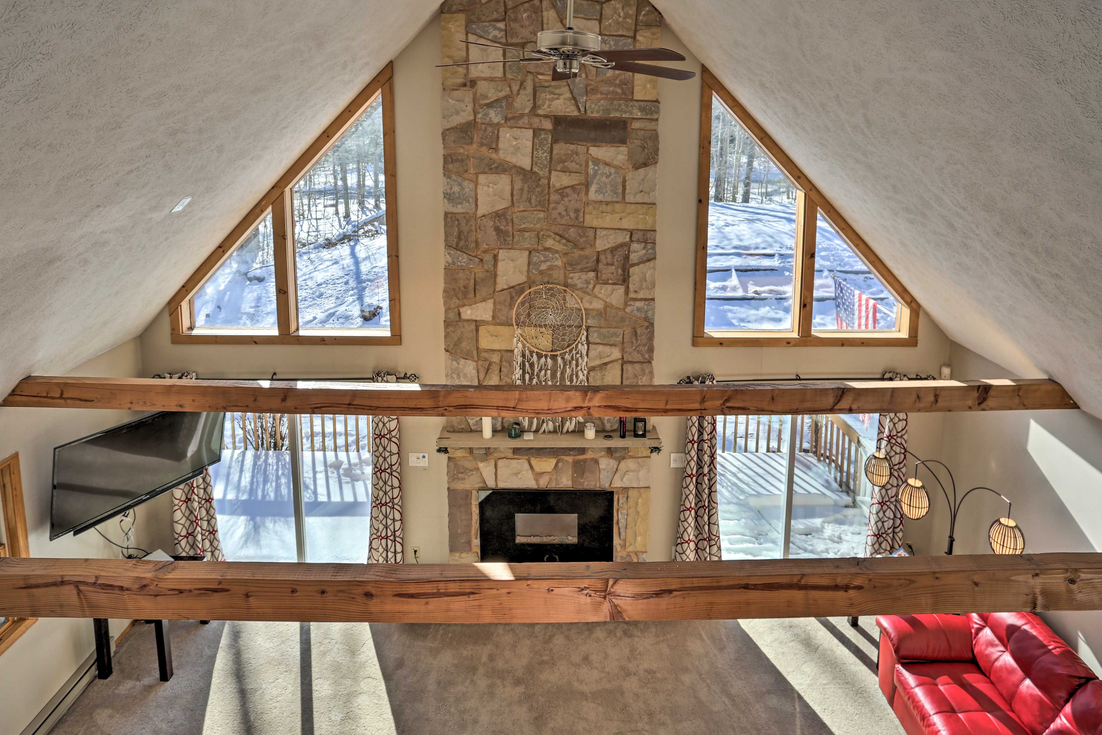 The A-frame vaulted ceilings set the scene in this Swiss Alp-style retreat.