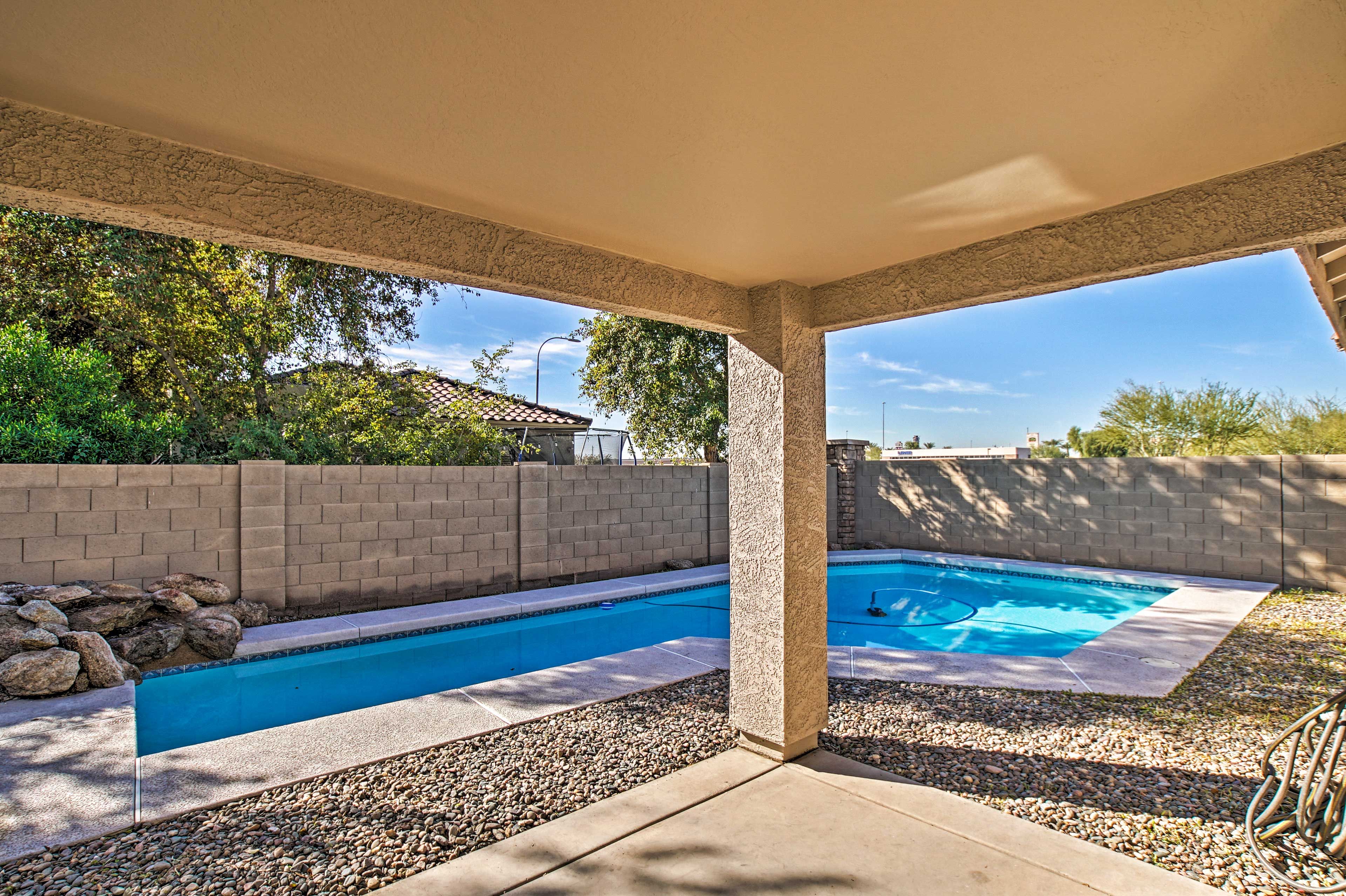 Beat the head under the covered patio.