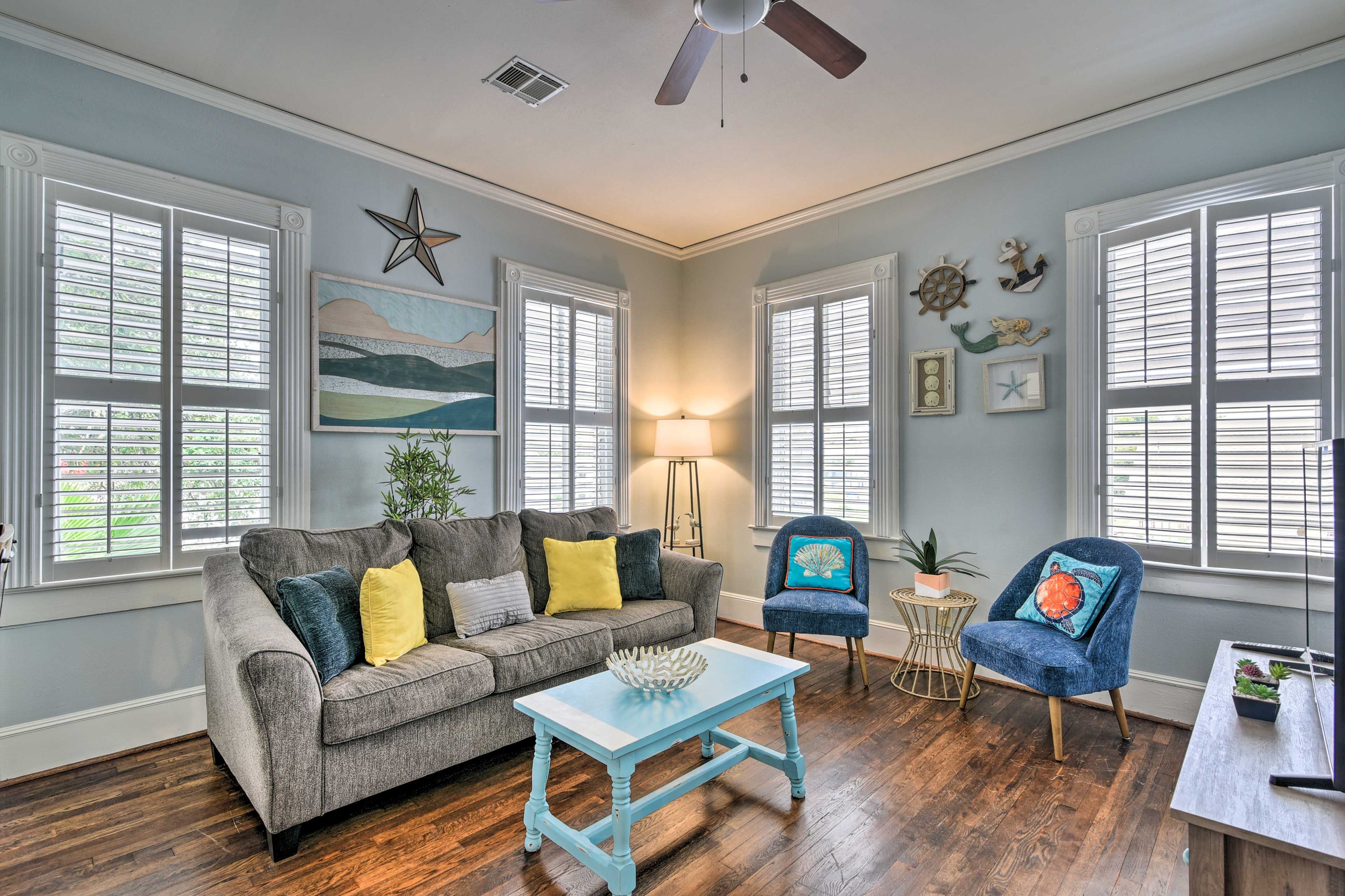 Numerous windows let ample sunlight flood in.