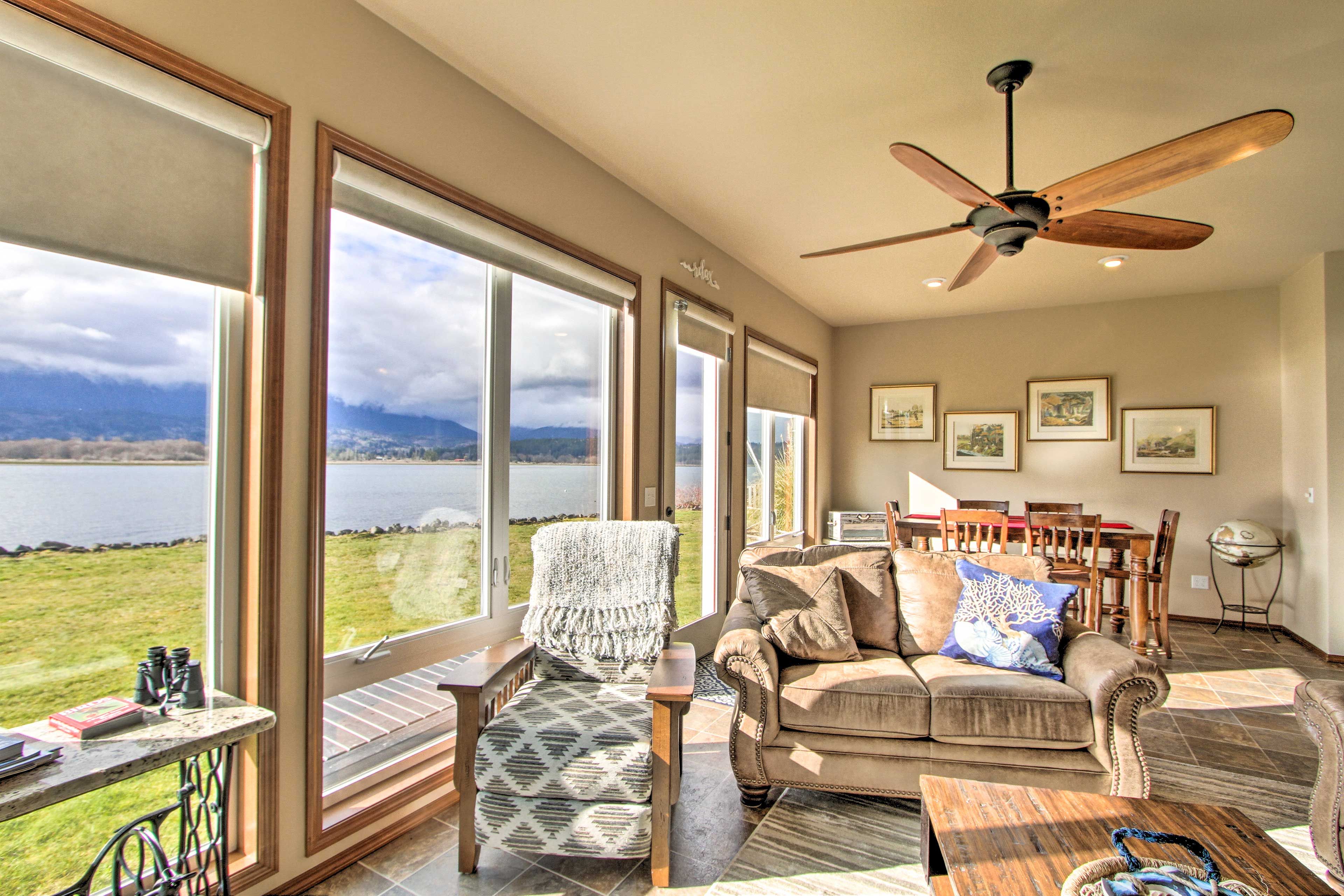 The picture windows give a panoramic view of the surrounding mountains.
