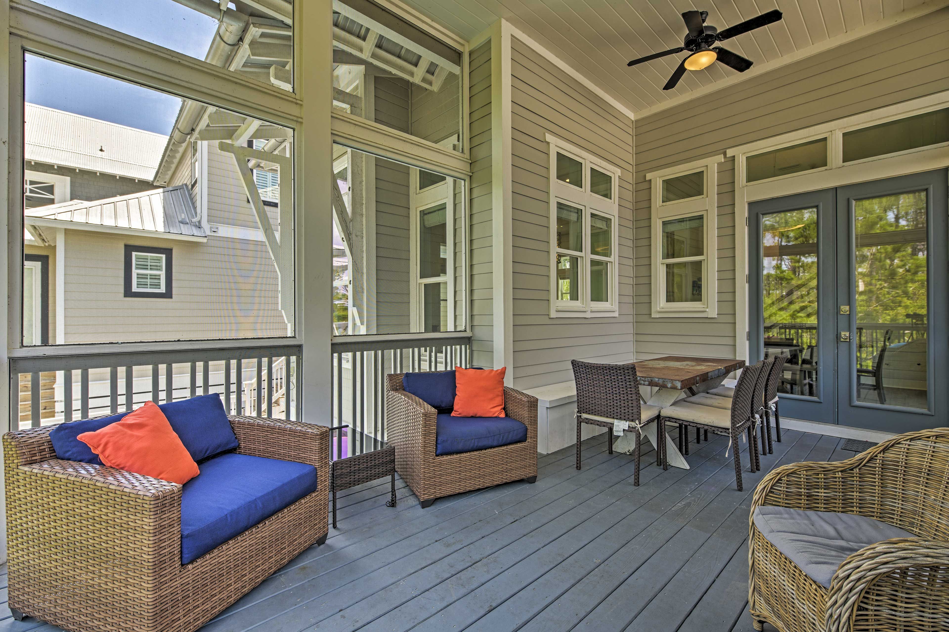 The vacation rental boasts a beautiful sunroom, 2 master bedrooms & more!