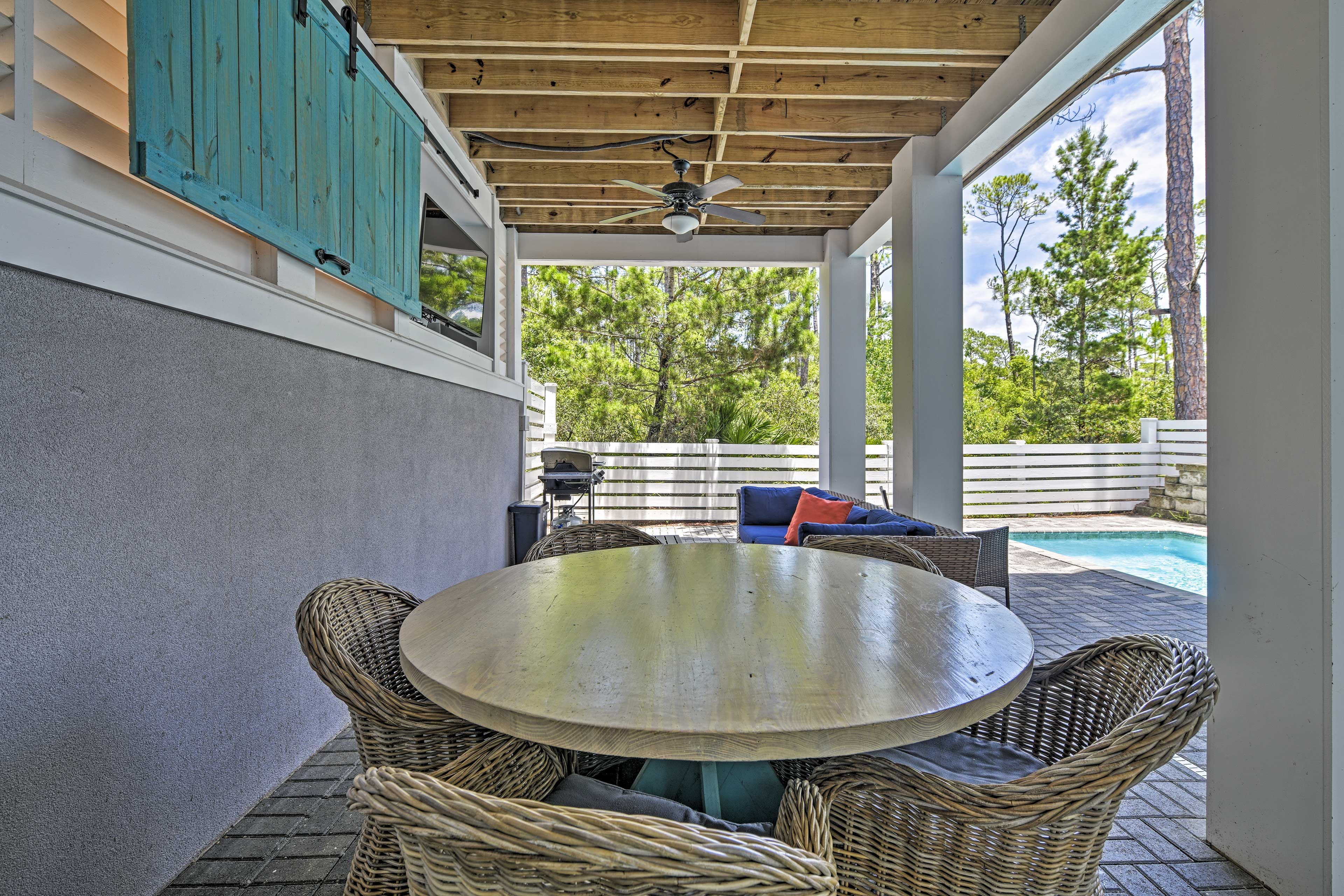 Stream a movie from the covered patio, or share a meal with friends.