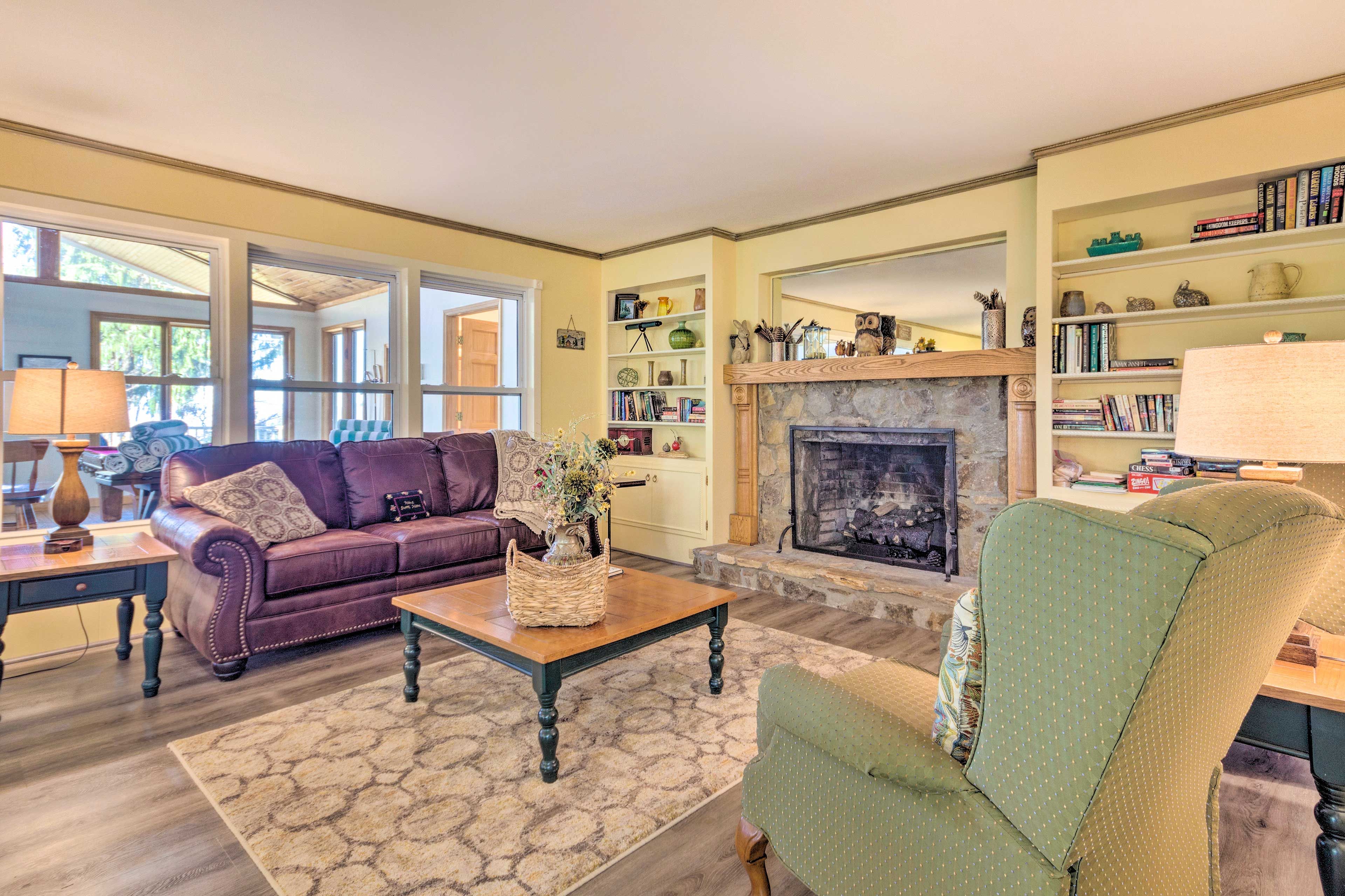 Cozy up to the fireplace on a cold evening.