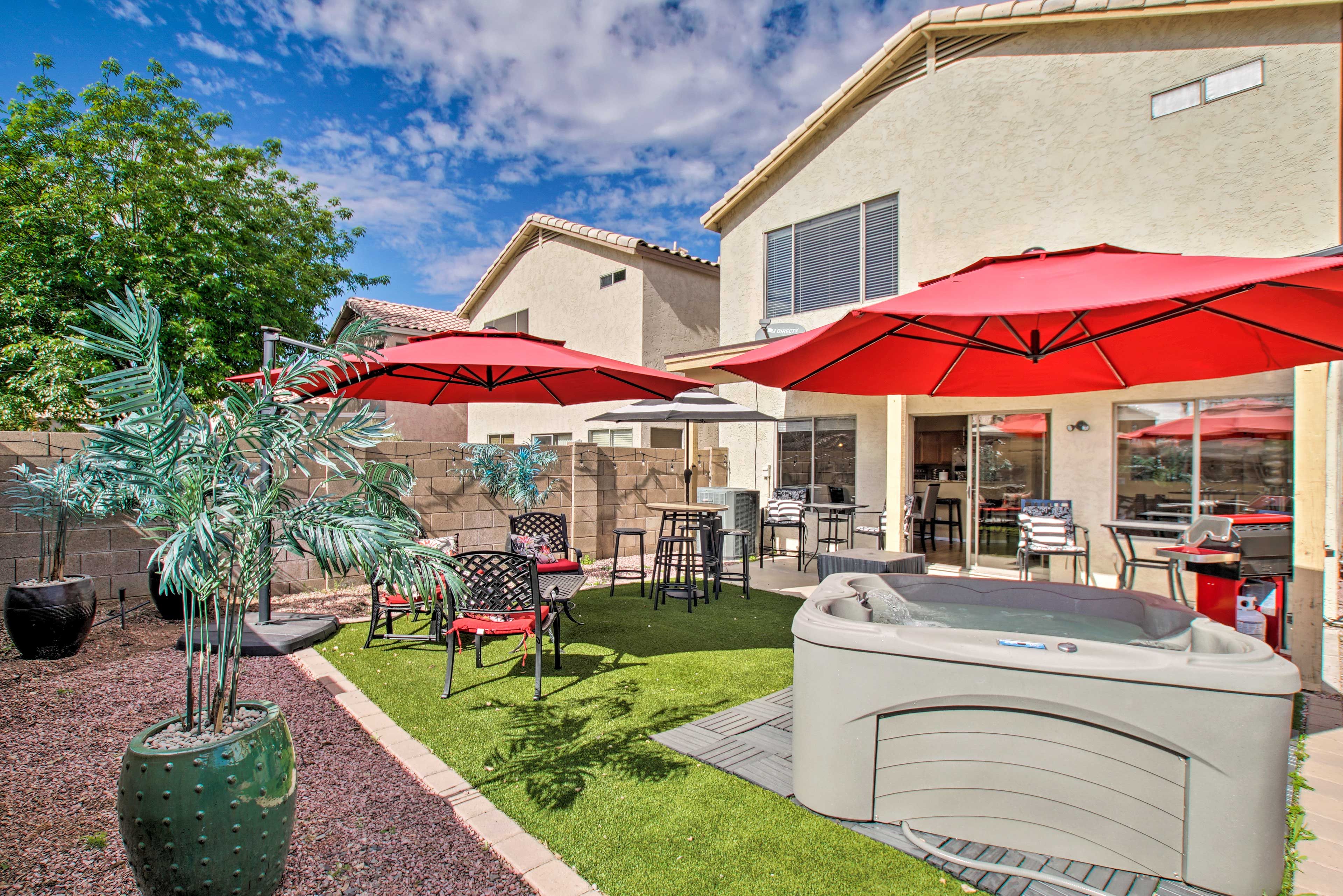 Plan the day's adventure in the backyard lounge.