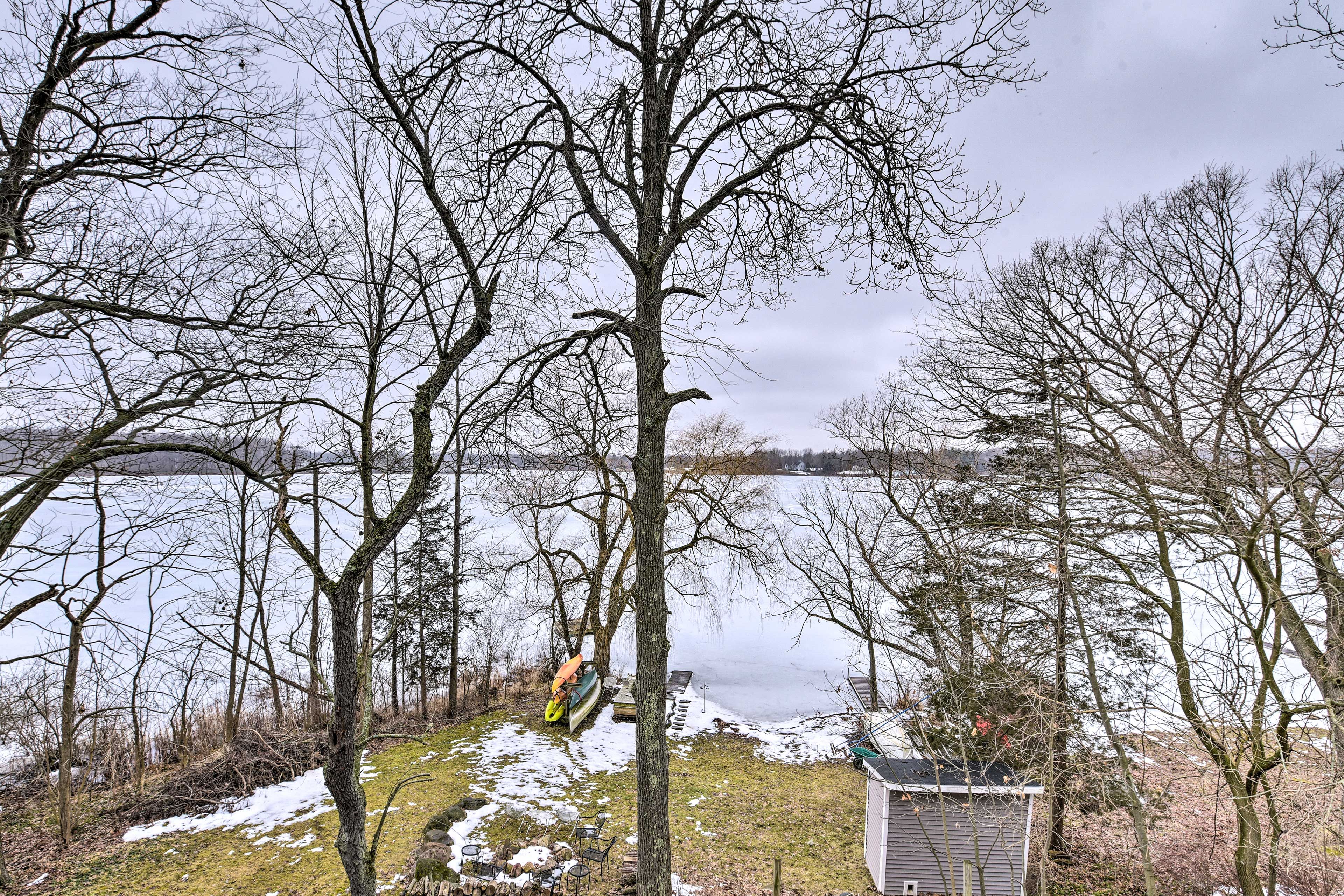 The deck overlooks Fair Lake scenic views.