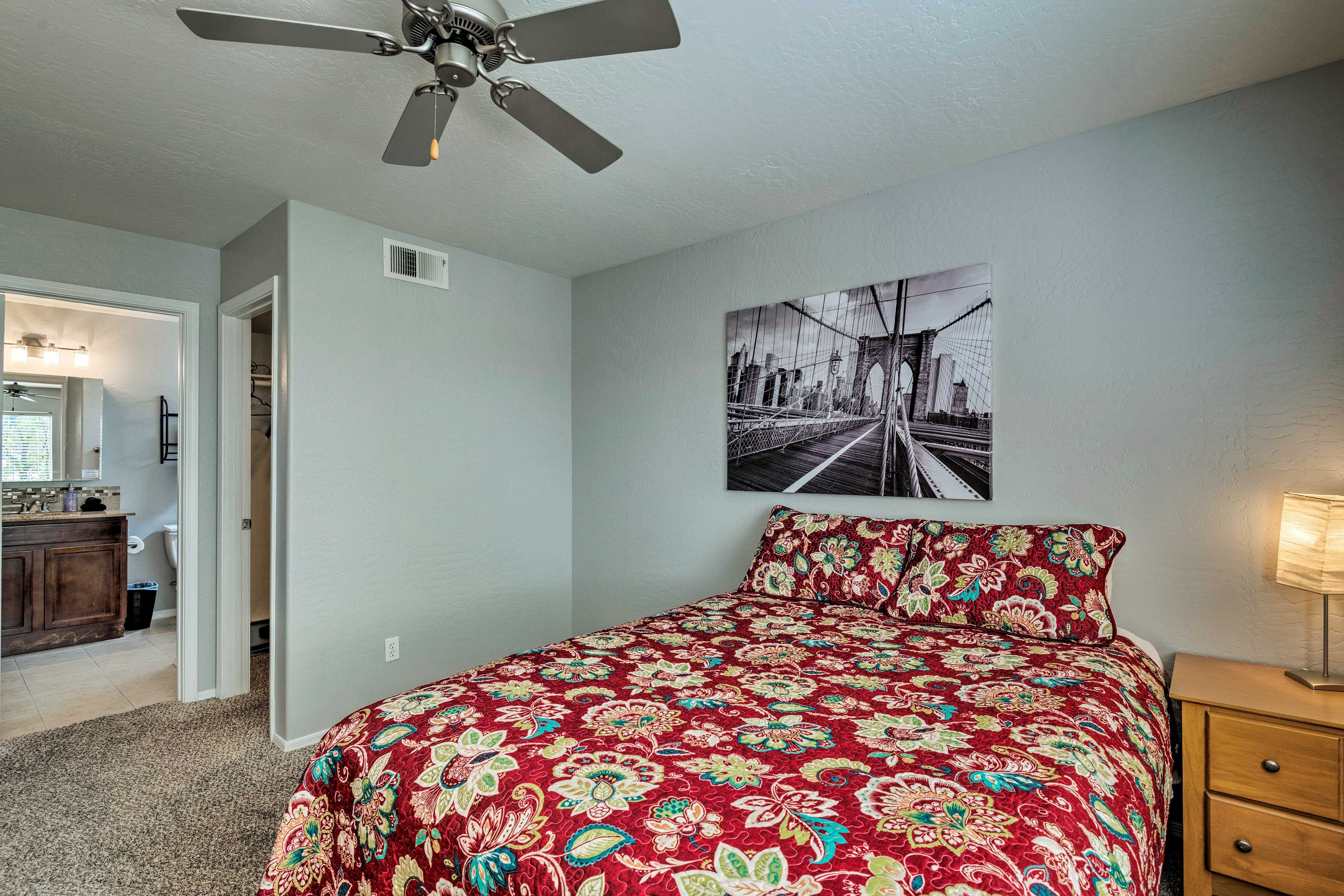 A ceiling fan keeps you nice and cool at night.