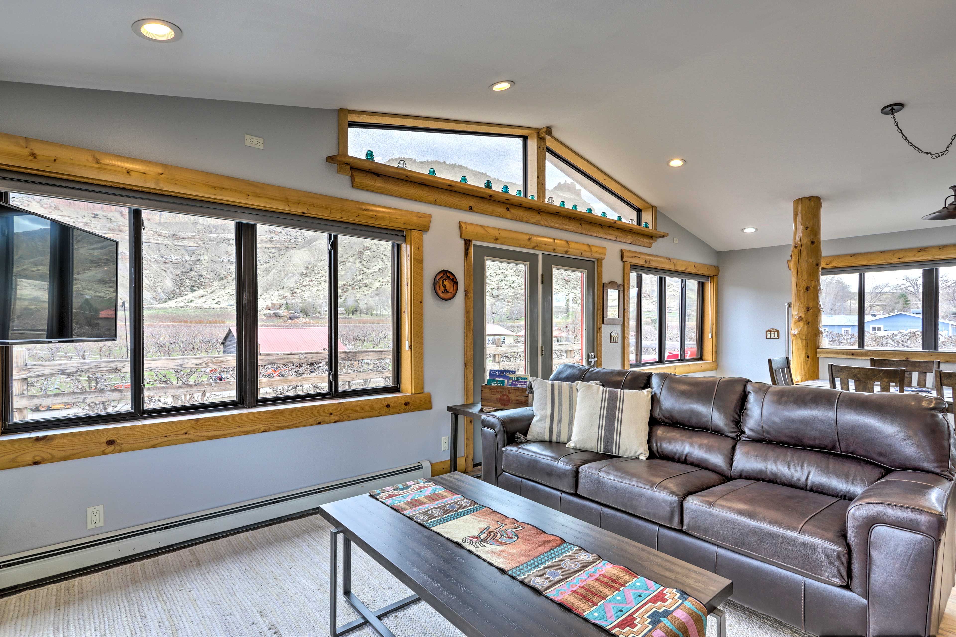 Natural light illuminates the interior of this cozy cottage.
