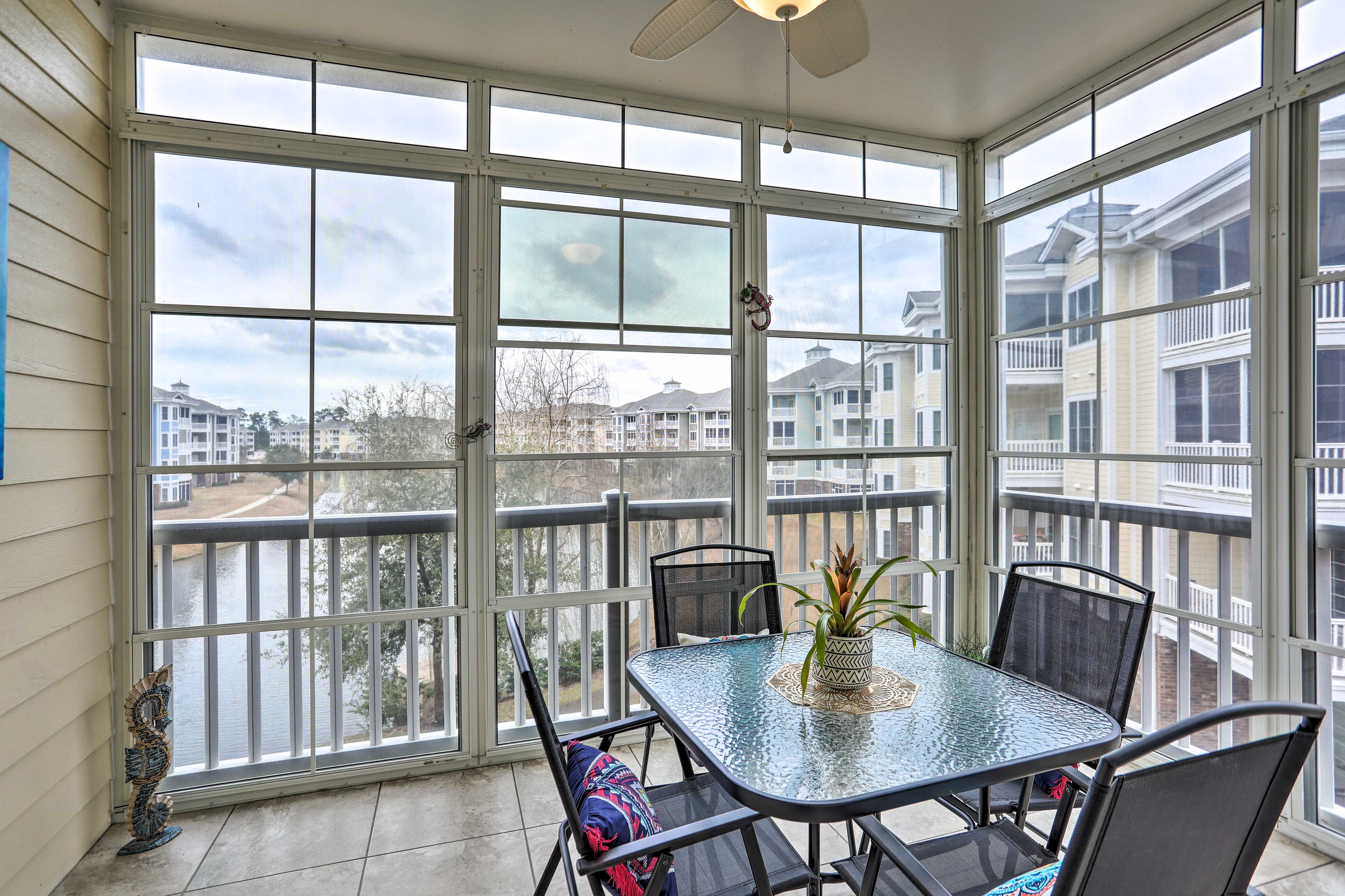 The lanai provides nice views of the pond.