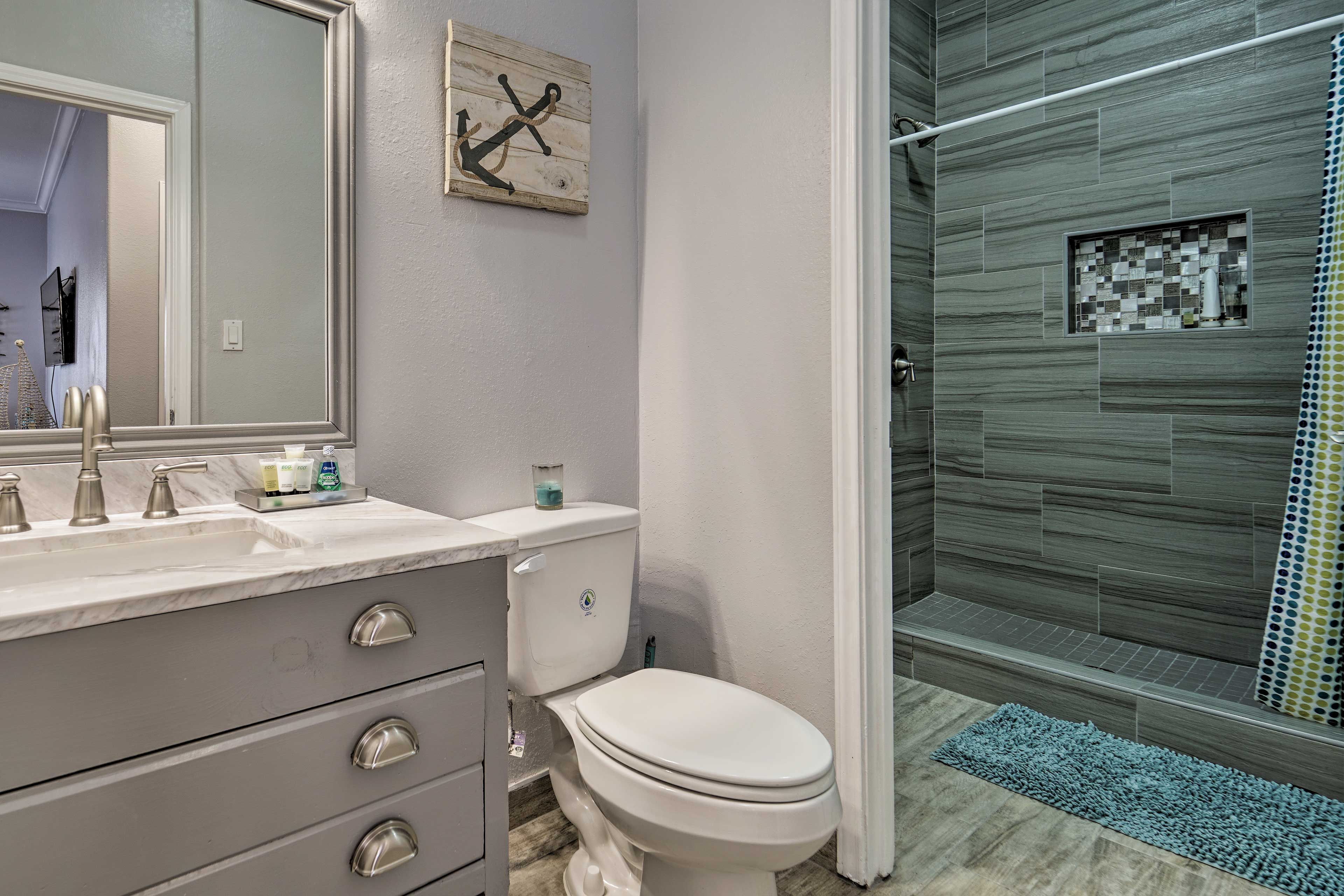 Get ready for the day in this modern bathroom.