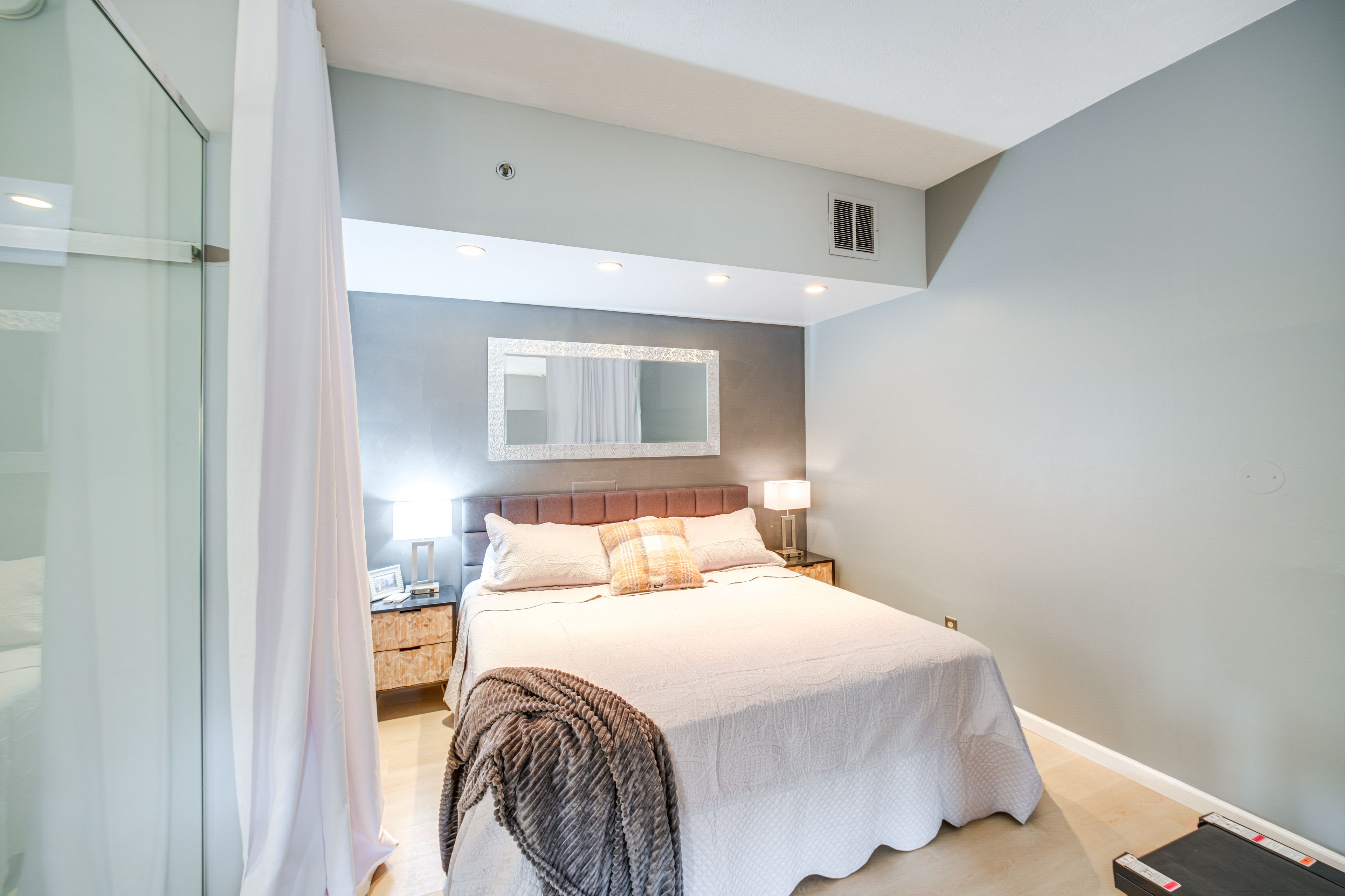 Bedroom 1 (Loft Style) | King Bed | Glass Wall & Privacy Curtain | Walking Pad
