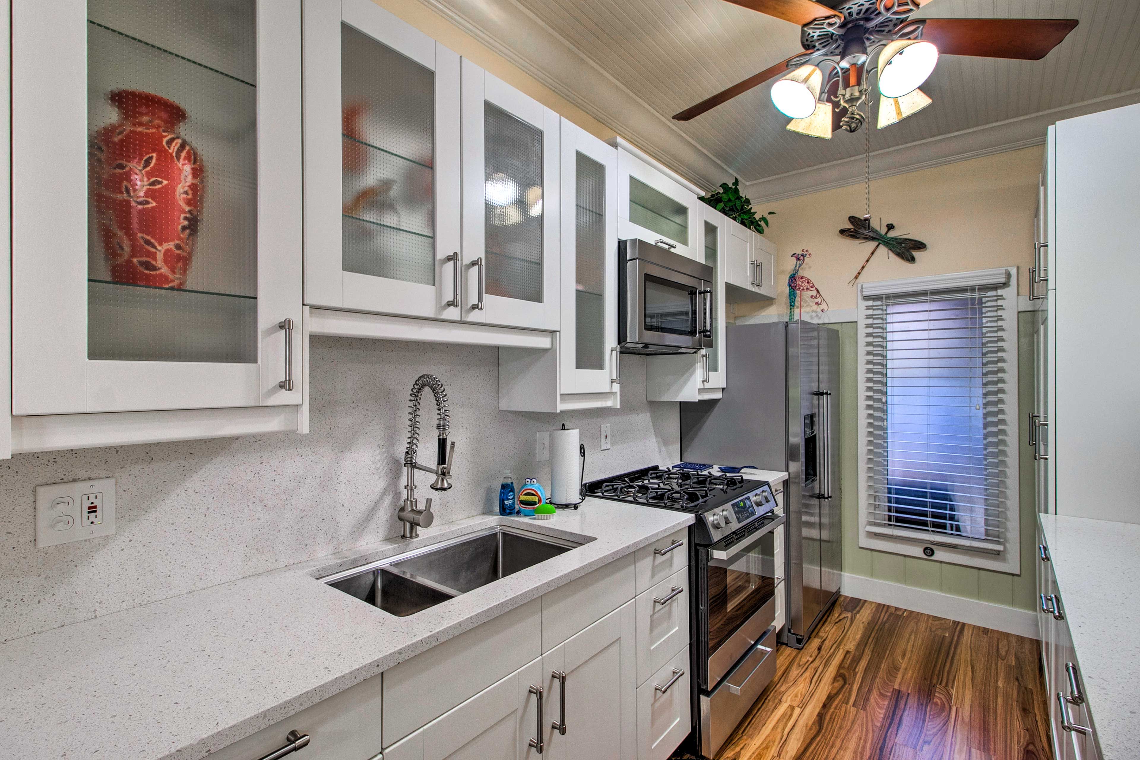 Stainless steel appliances and ample counter space make cooking a breeze.