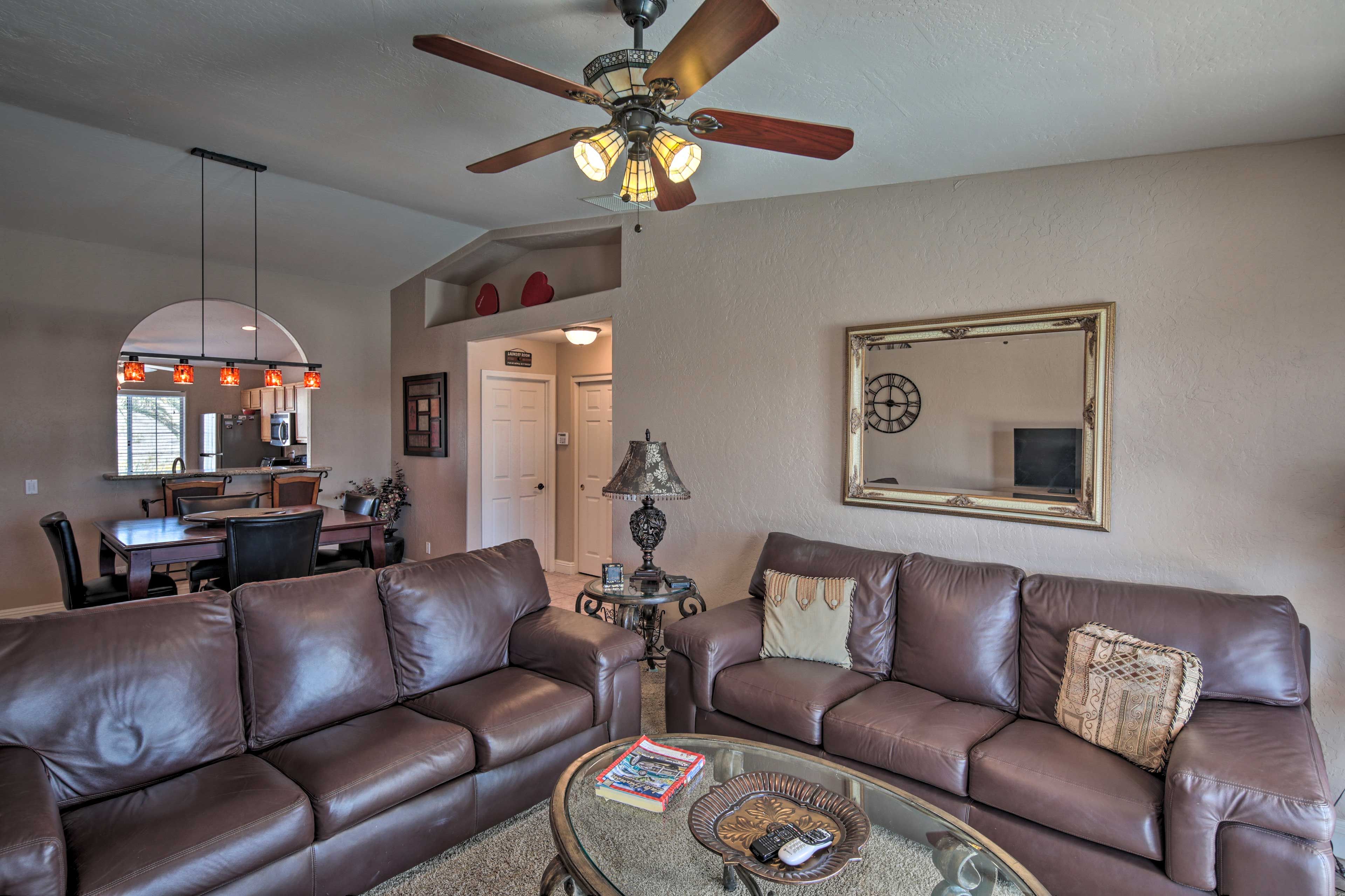 Relax in the living room after a long day on the lake.