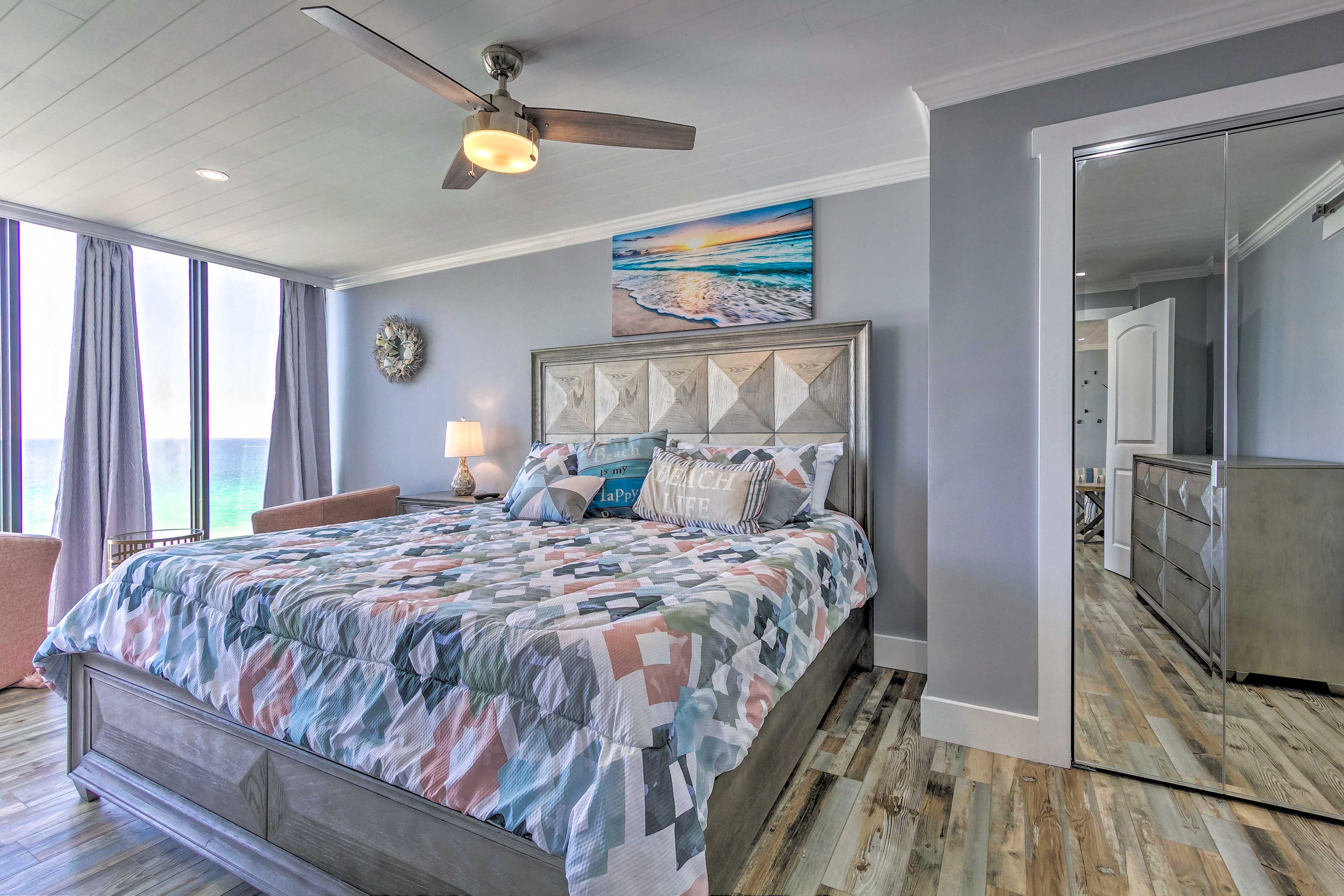 The first bedroom offers stunning waterfront views.