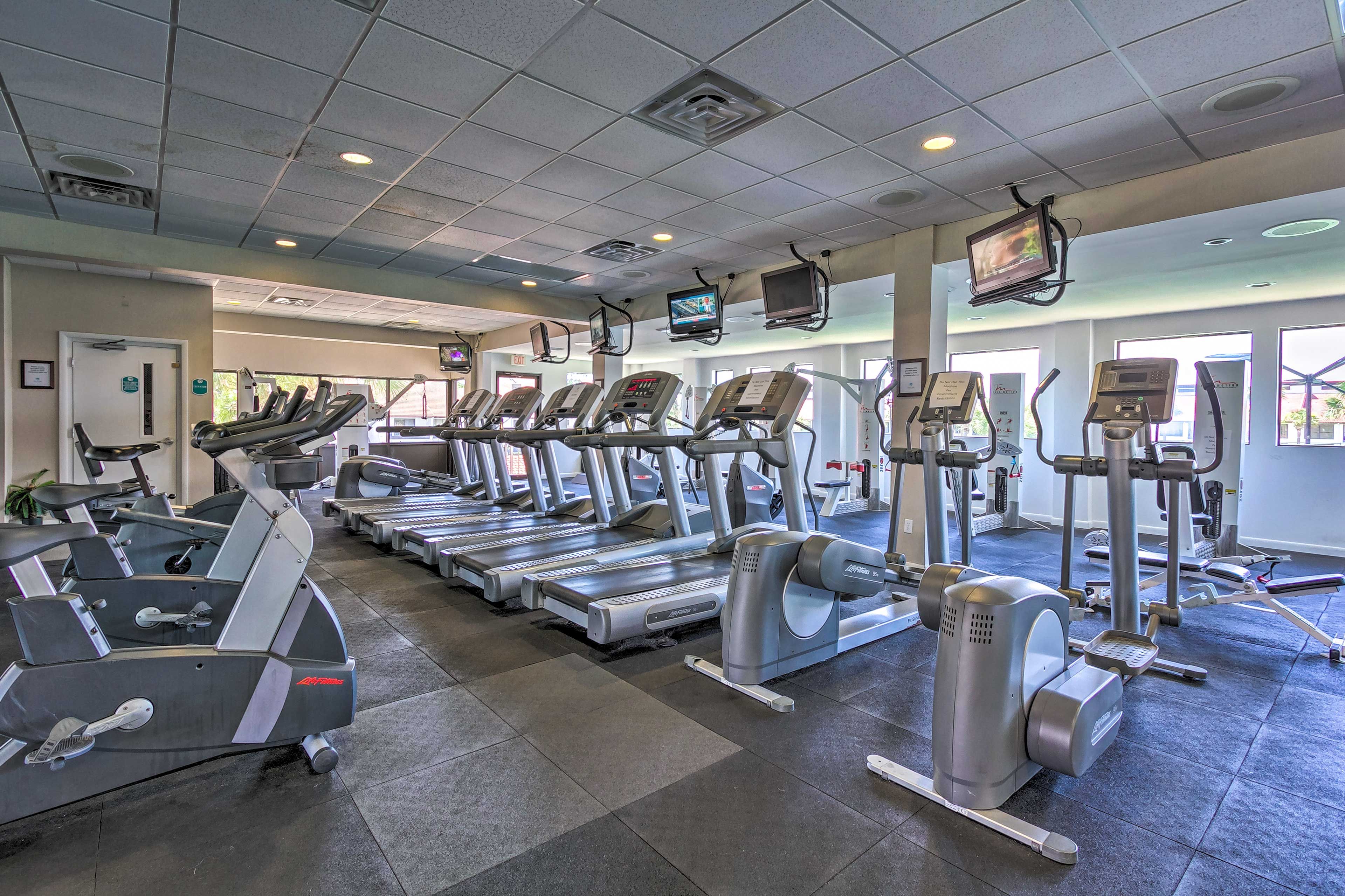 Hit the gym to keep up with your fitness routine.