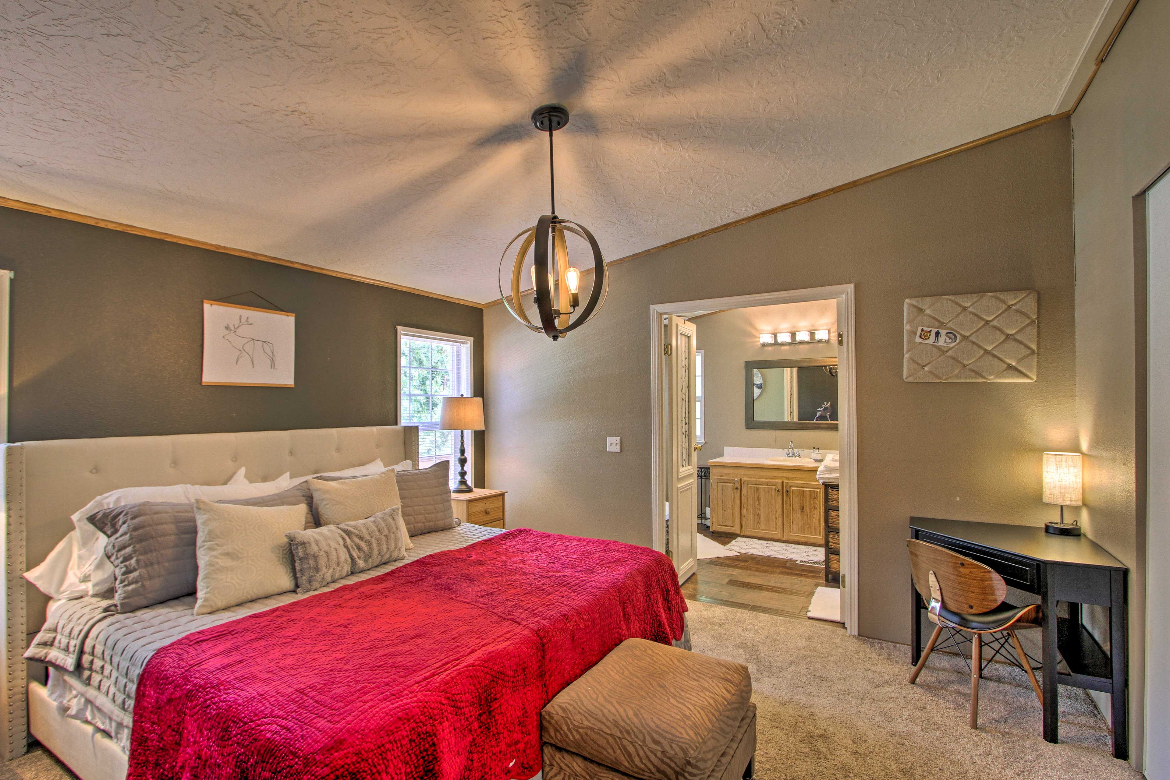 The first bedroom boasts a king-sized bed.