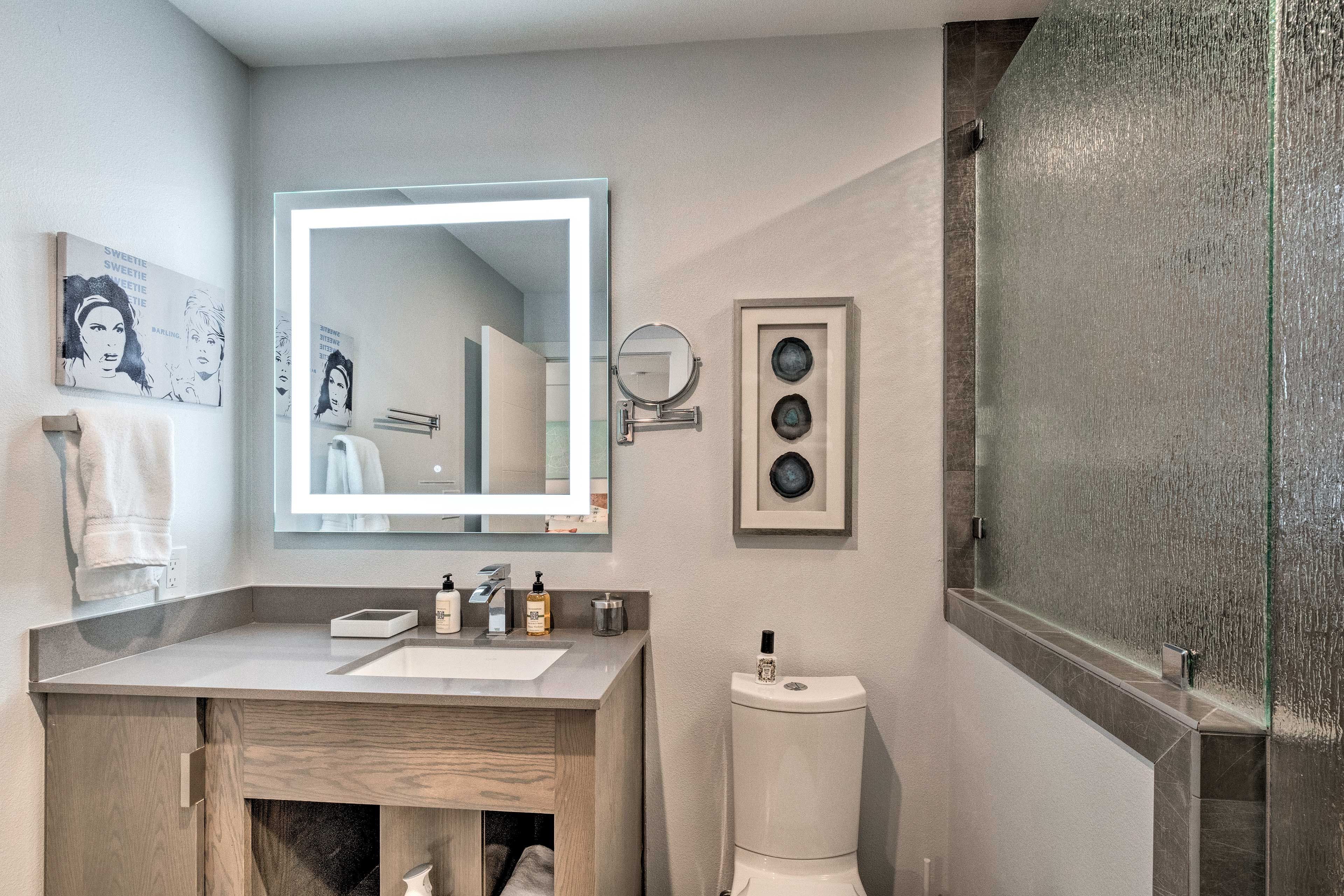 Essentials like hand soap and toilet paper are provided on-site.