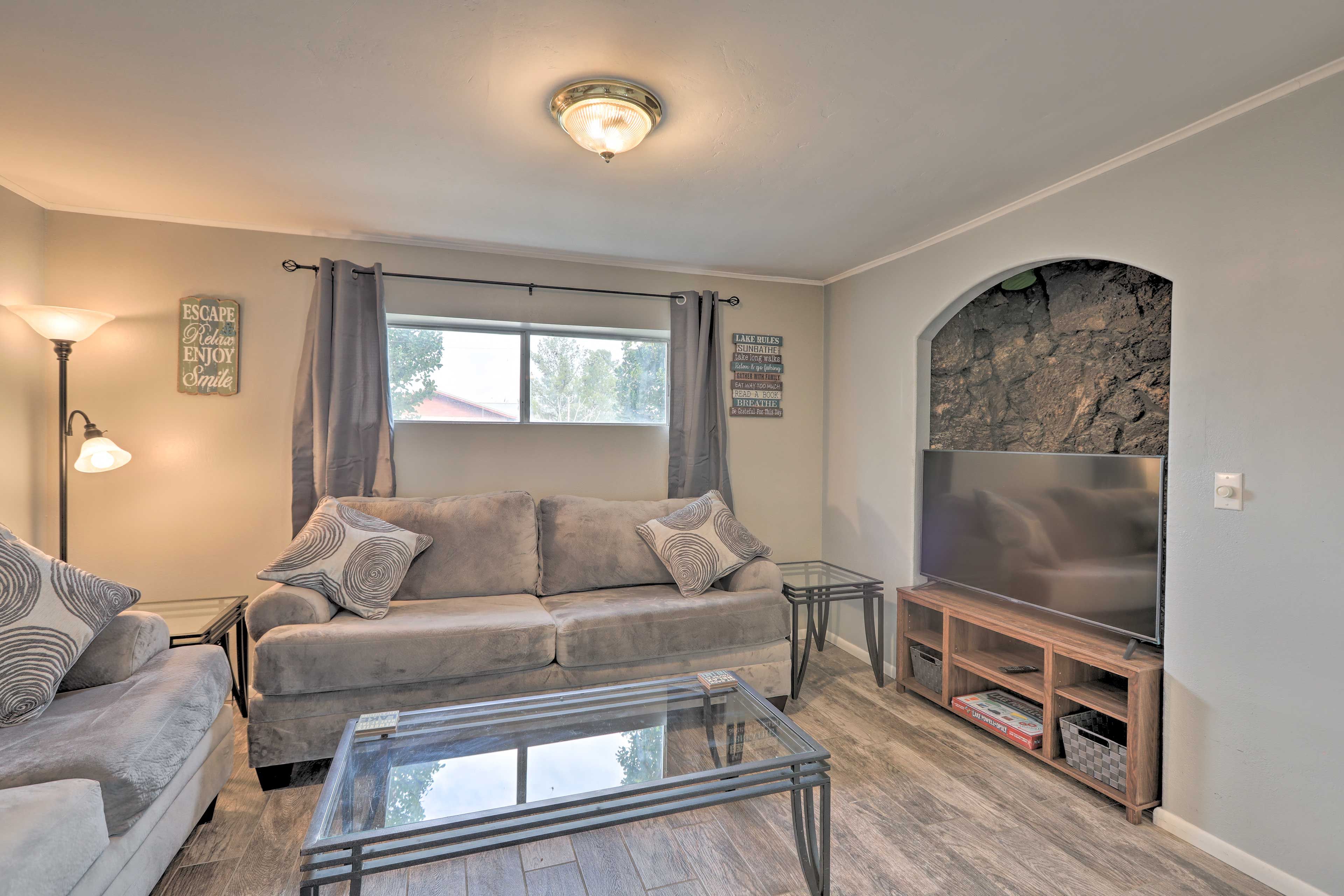 The cozy interior boasts all the essential comforts of home.