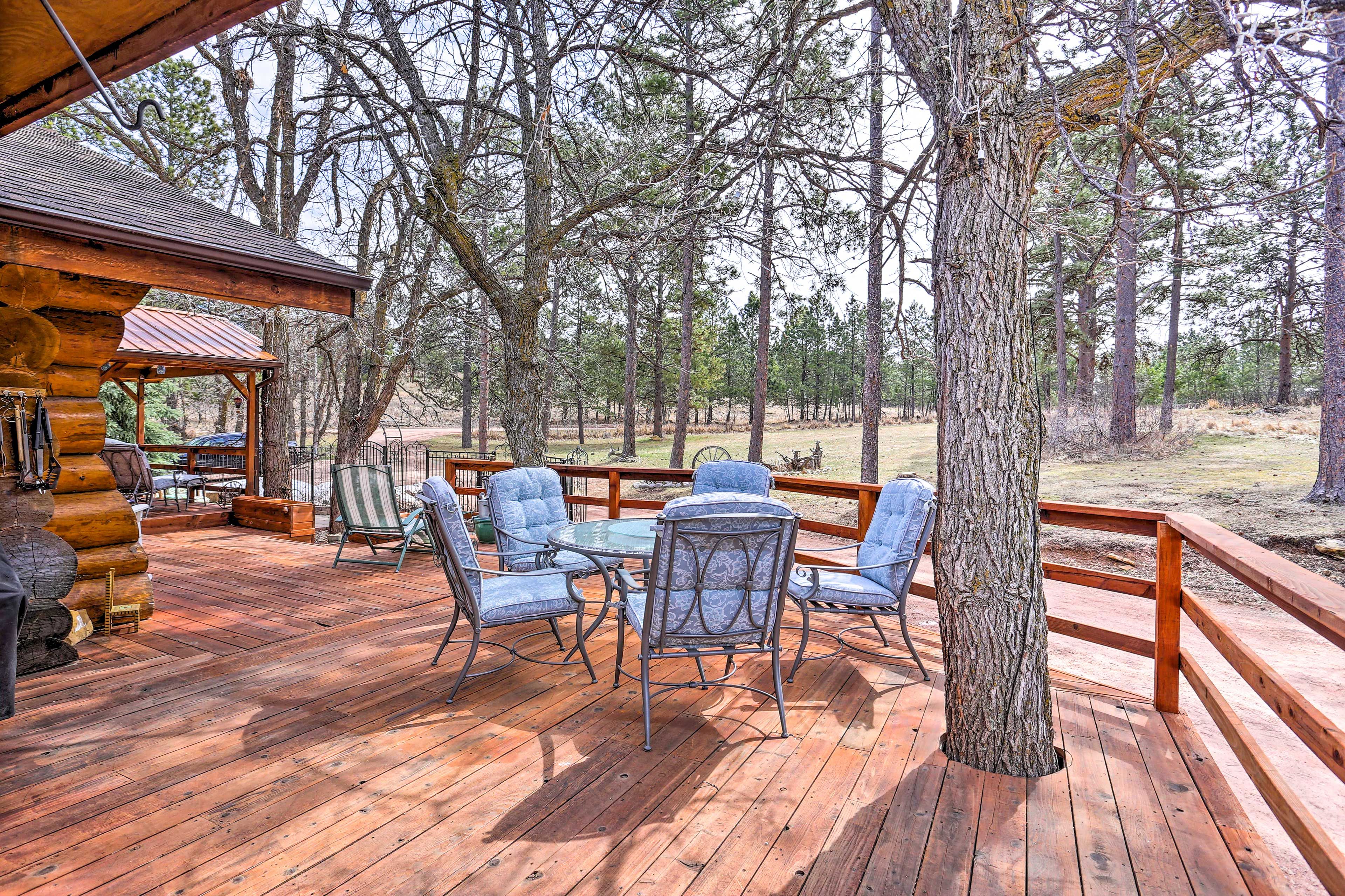 The spacious deck includes a dining area.