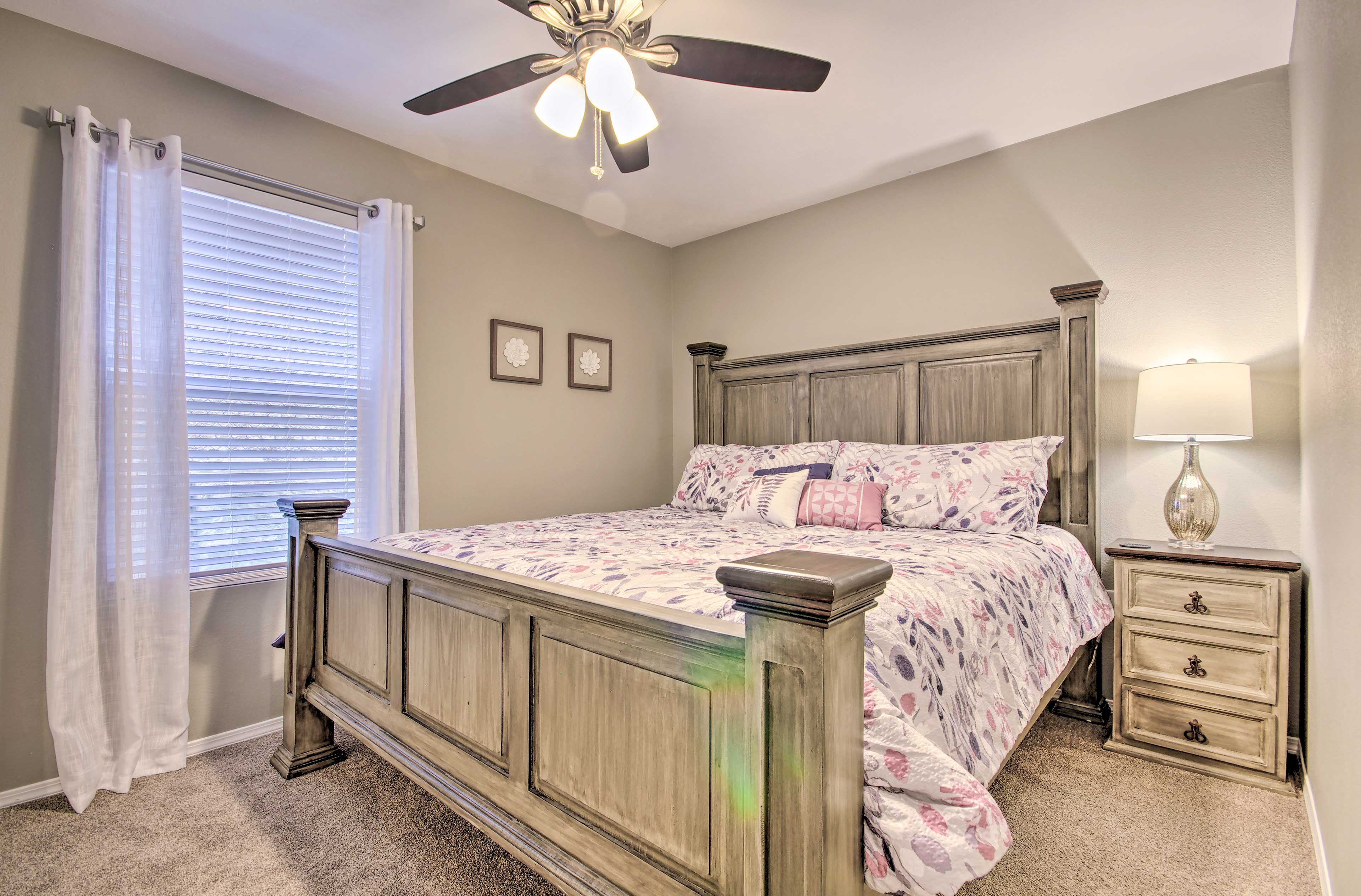 This bedroom hosts a king bed!