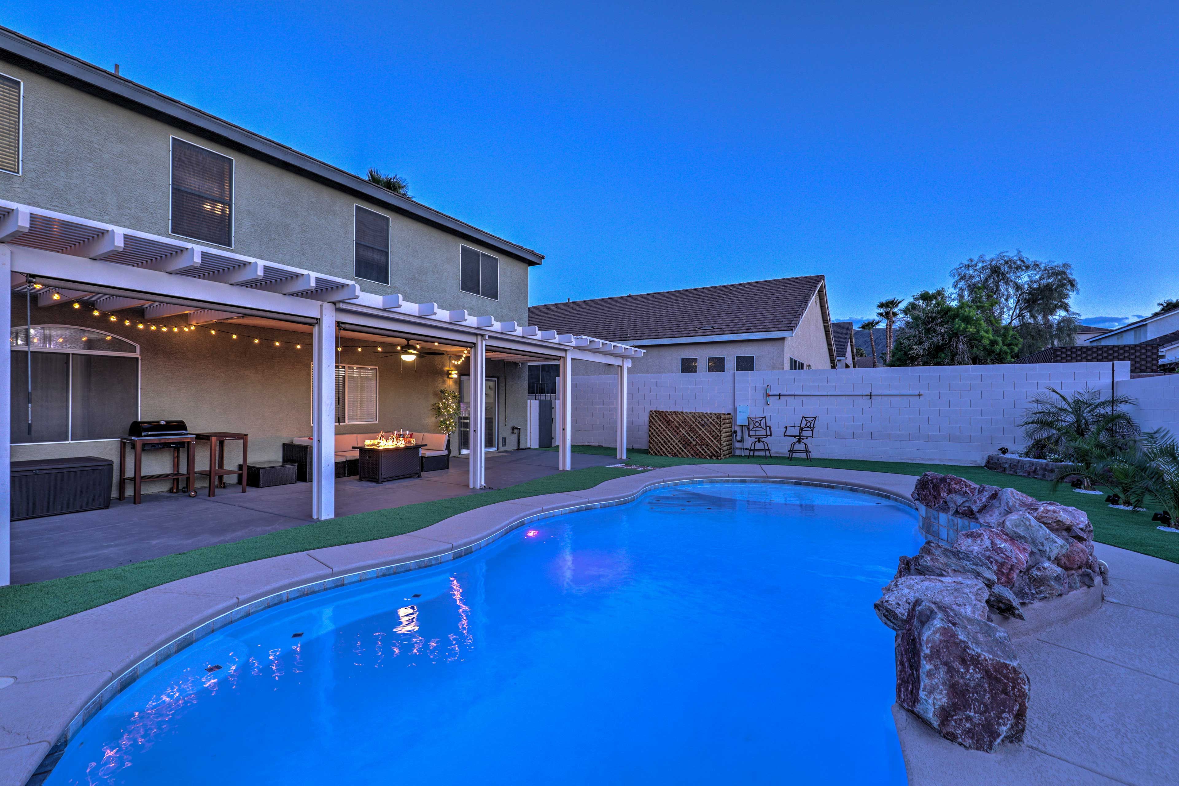 The pool lights up, so you can swim after the sun sets.