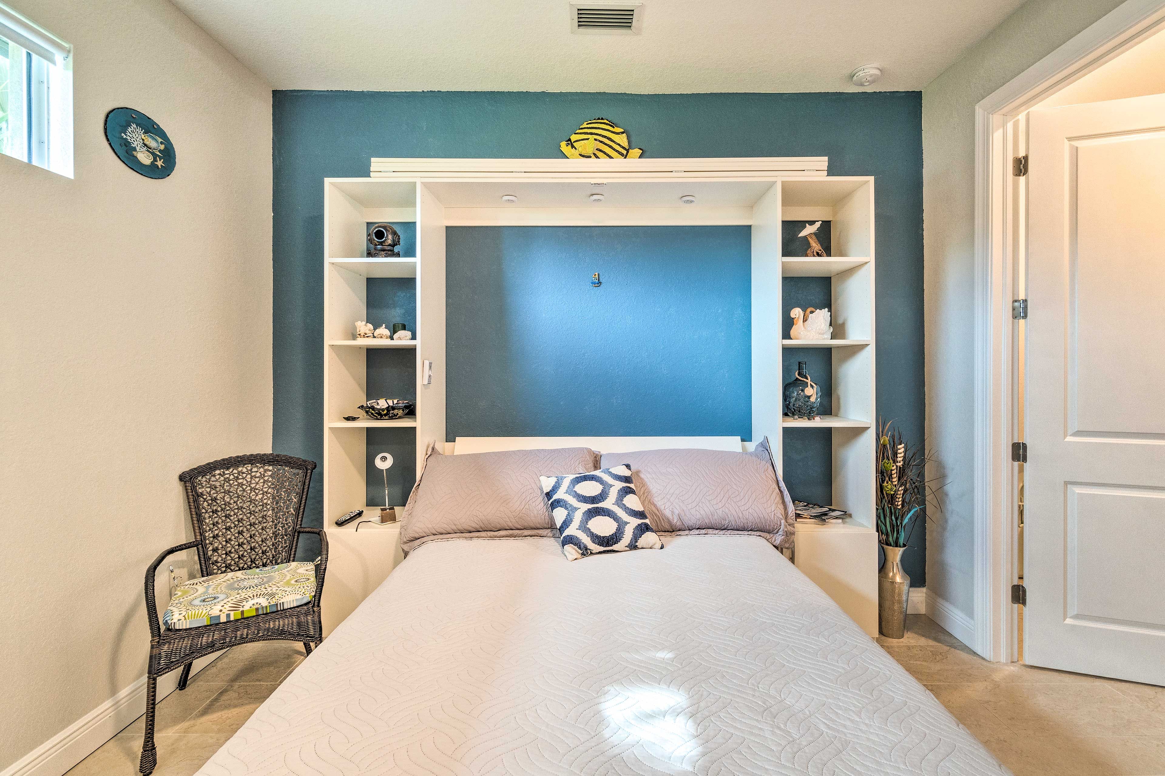 This queen-sized Murphy bed is perfect for resting.