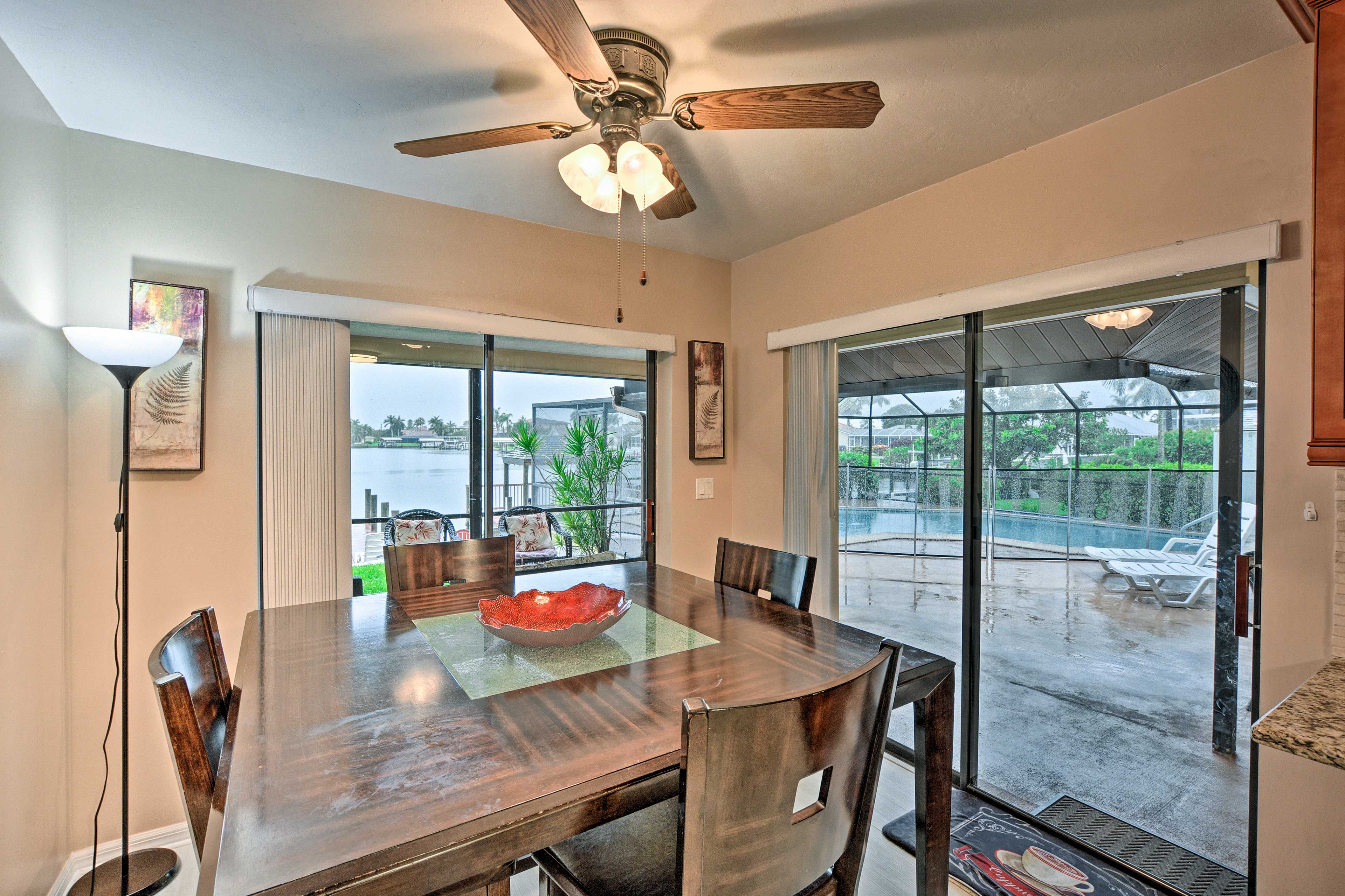 Sit at the high-top dining table and share a home-cooked meal with family.