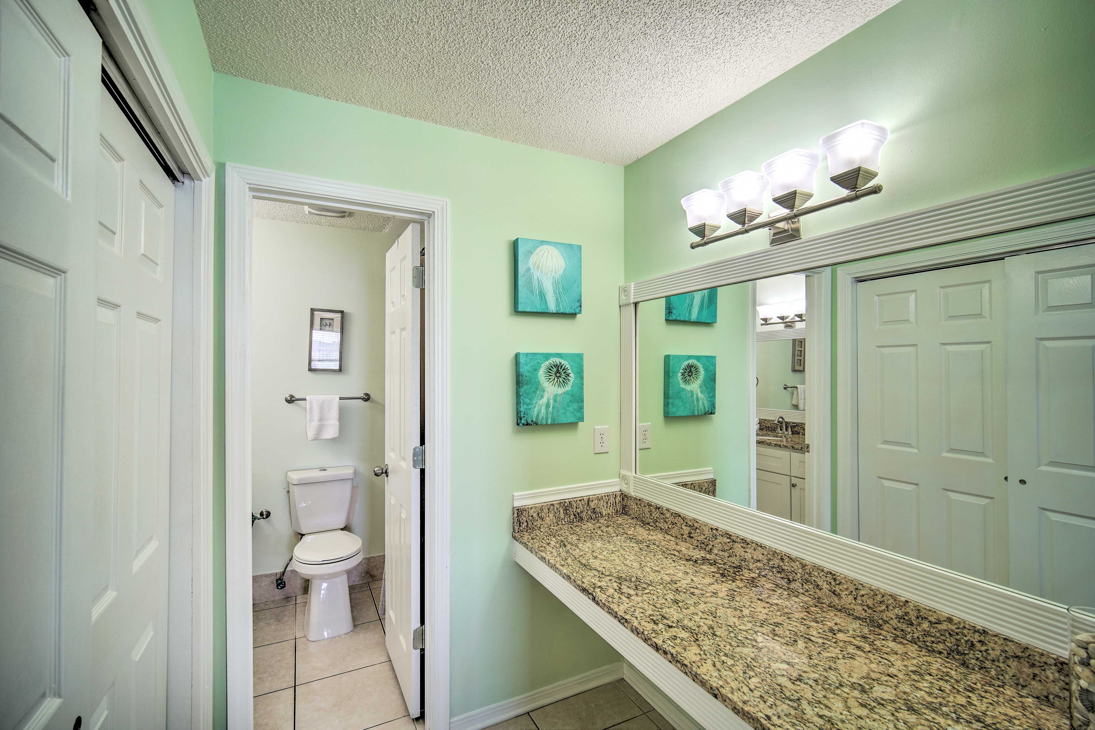 Store your toiletries on this long vanity.