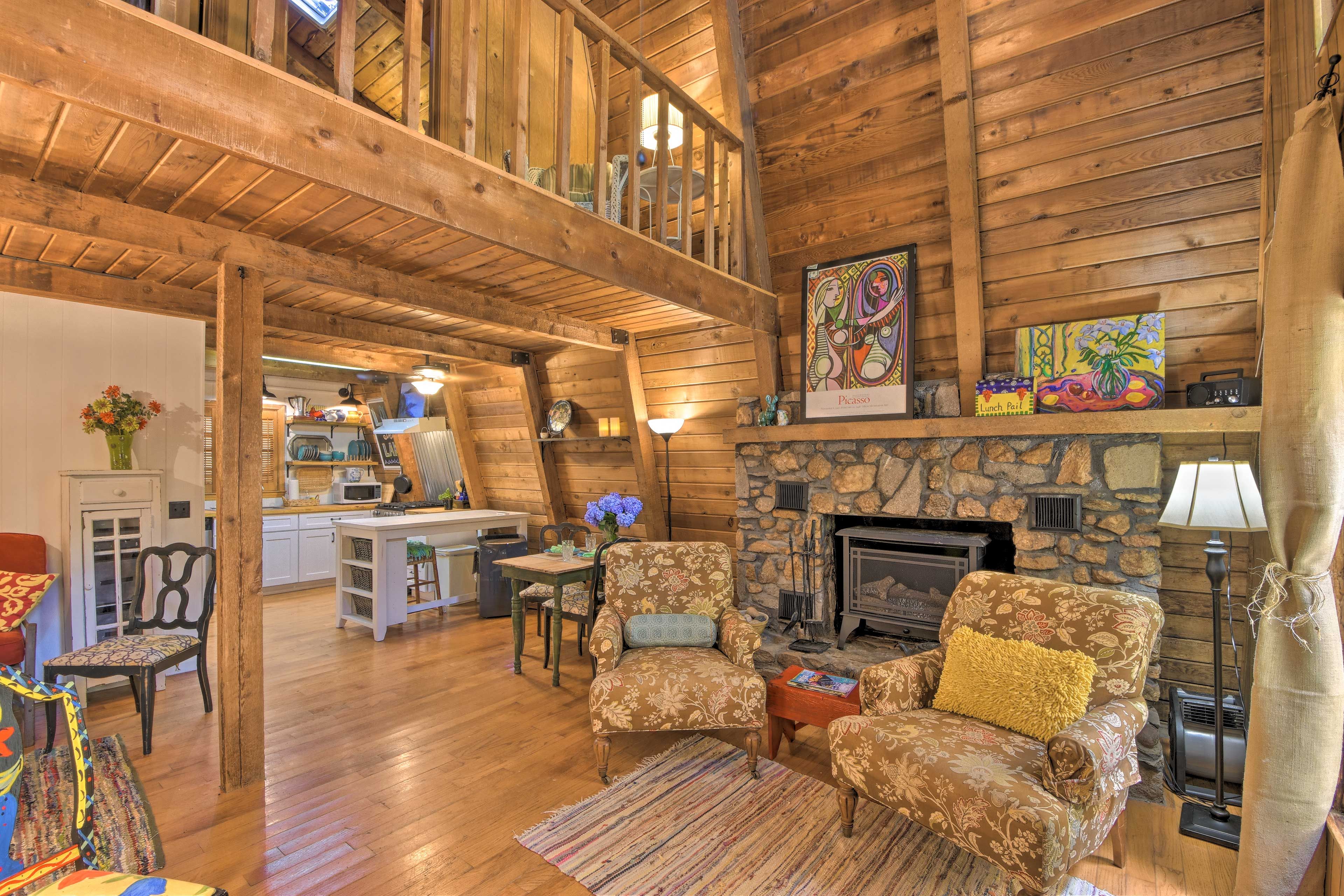 The interior blends artistic decor with rustic design.