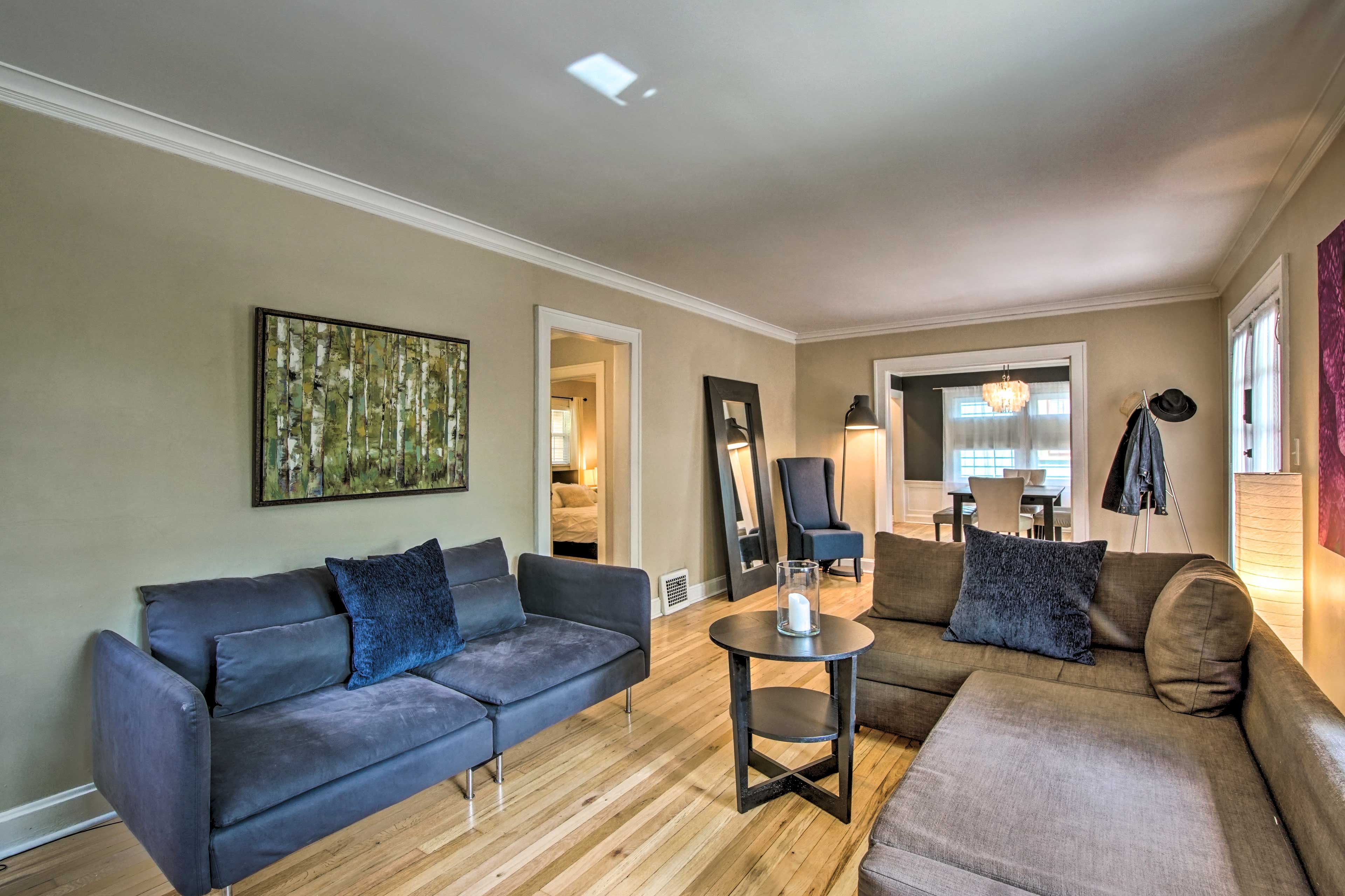 Find hardwood floors throughout the interior.