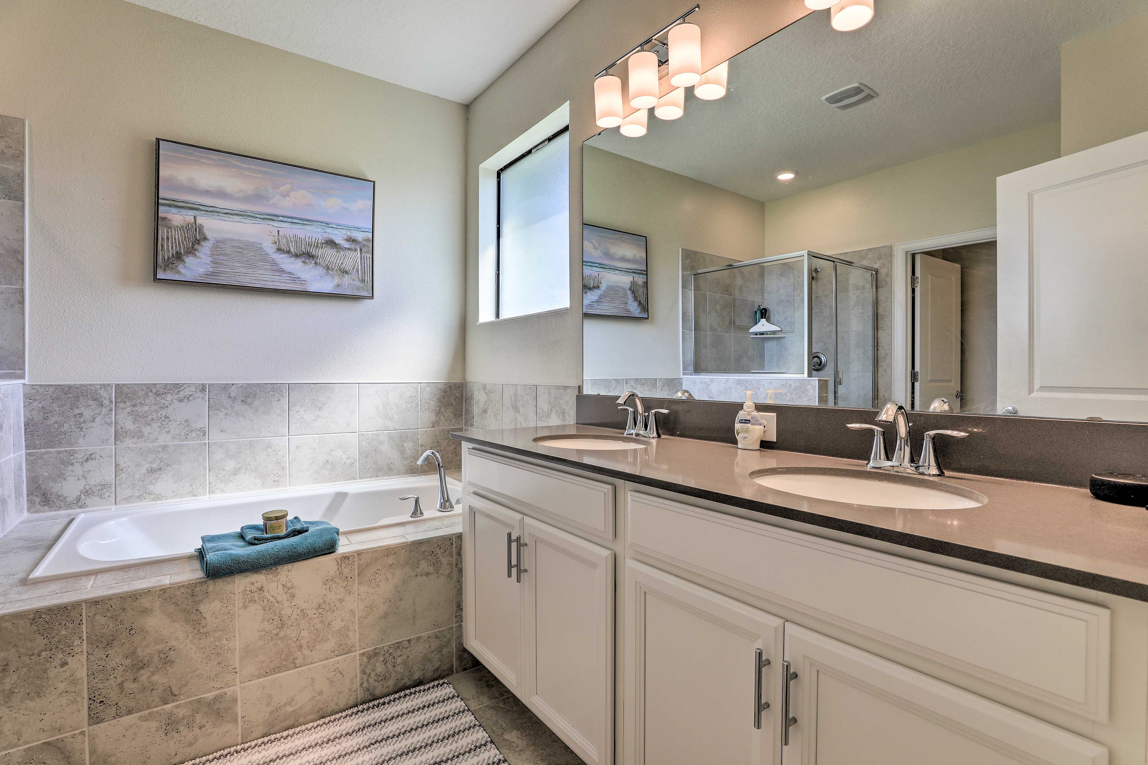 Freshen up in from of the dual sinks.