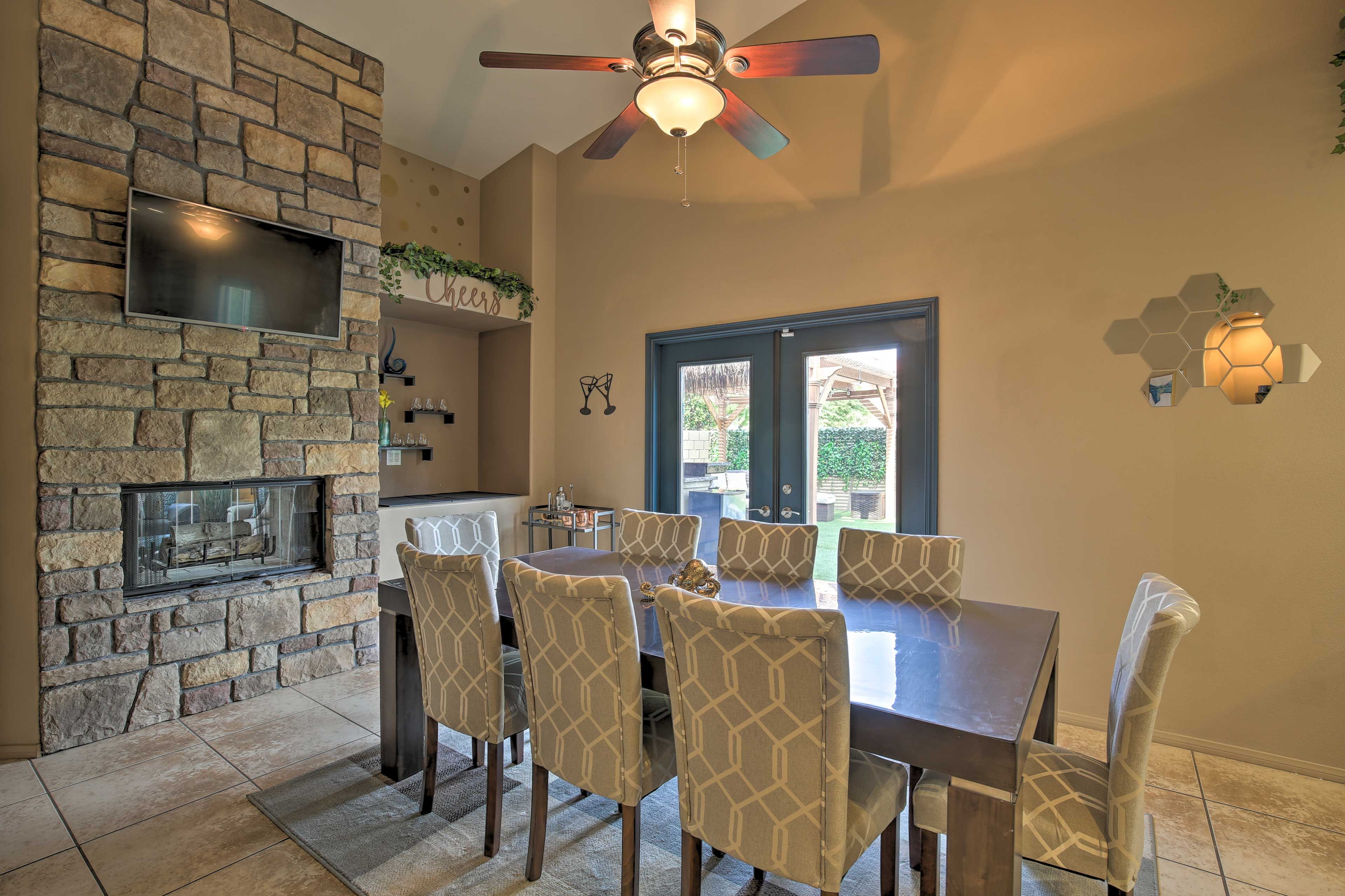 Let the fireplace crackle while you share a family meal.