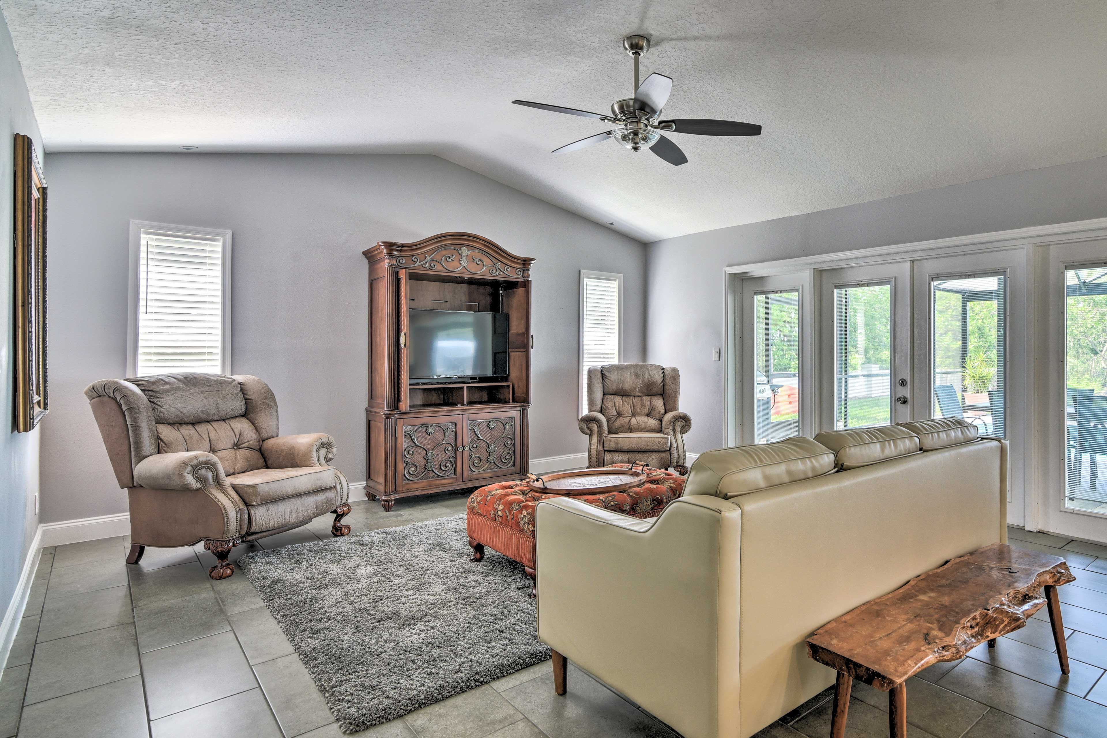 Gather in the tasteful living area and watch a movie after dark!