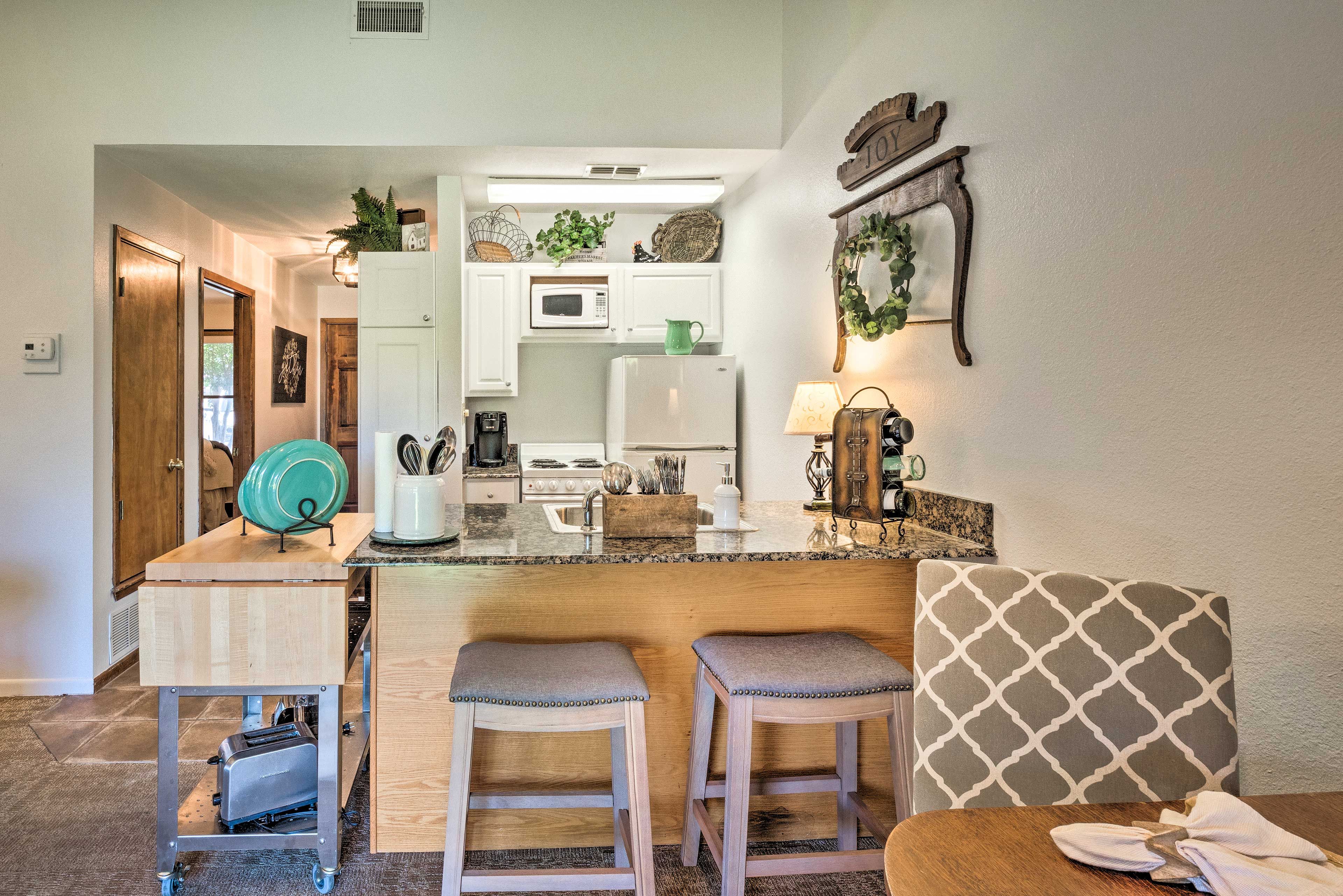 The kitchen is perfect for 1-2 guests wanting to dine in.