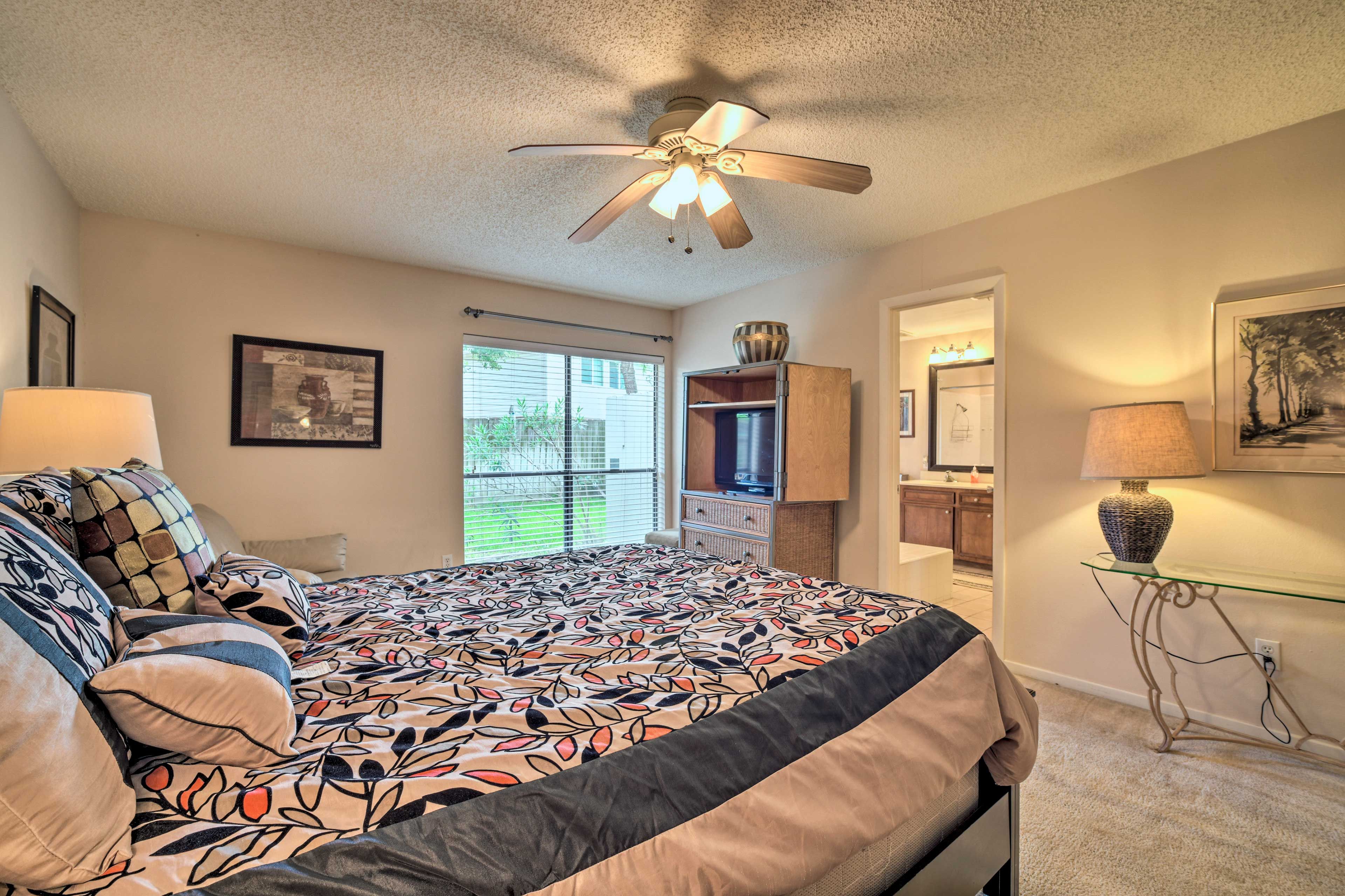 The first bedroom has a queen bed and en-suite bathroom.