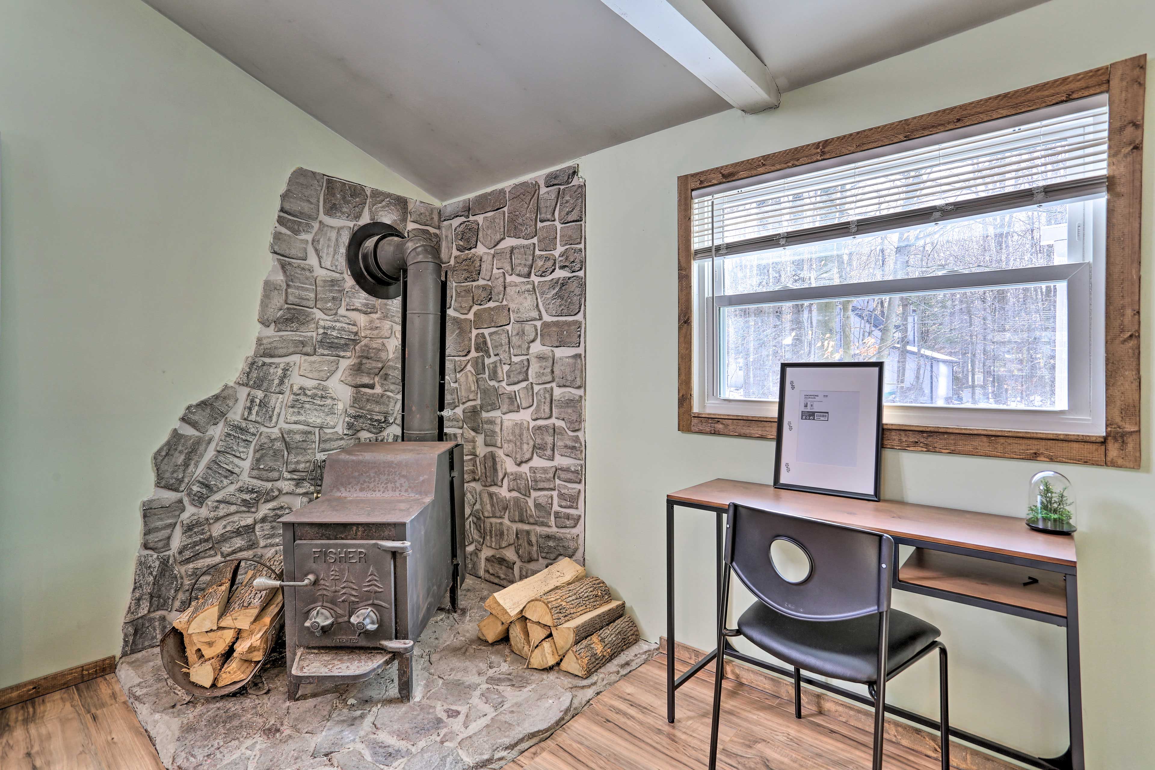 Living Room | Laptop-Friendly Workspace | Wood-Burning Stove