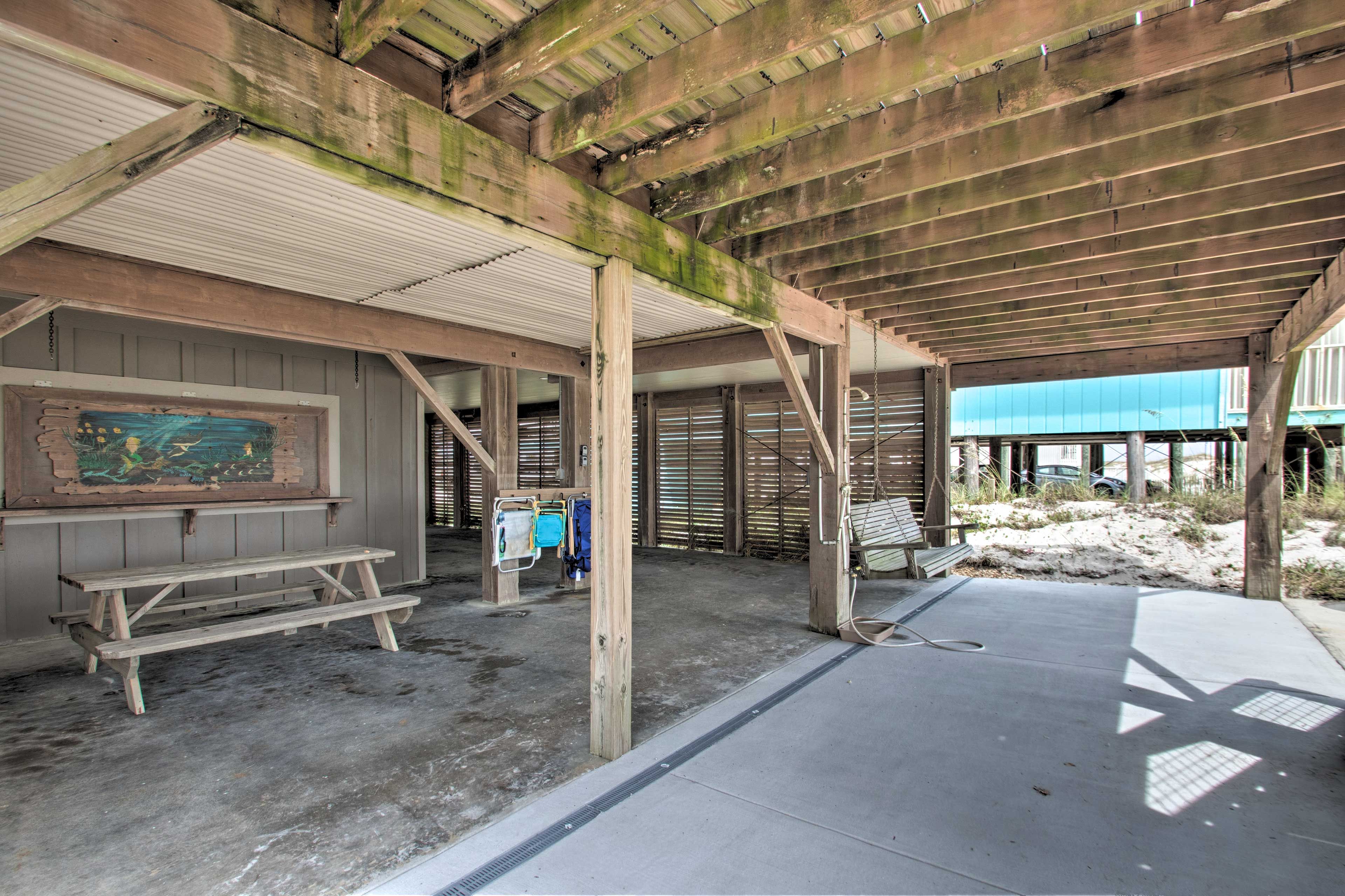 Covered Car Port | Picnic Seating | Porch Swing | Beach Umbrella & Chair Storage
