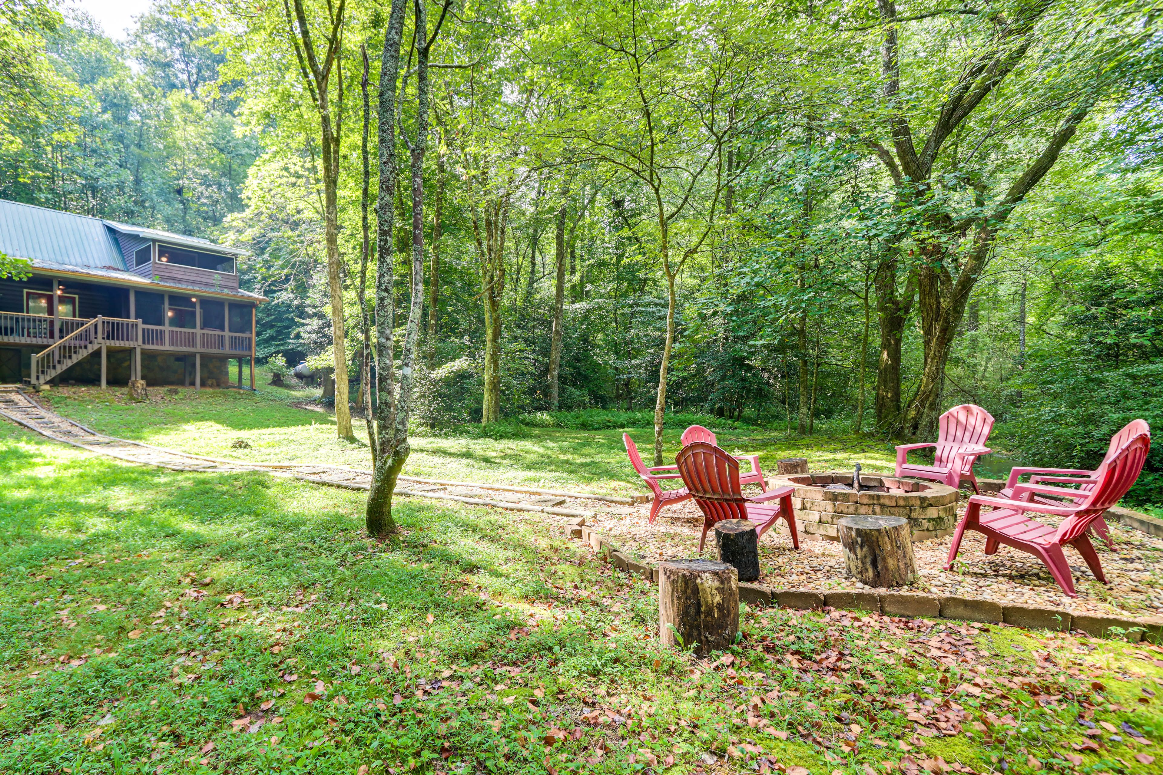 Private Yard | Wood-Burning Fire Pit | 2-Story Cabin | Creek Access On-Site