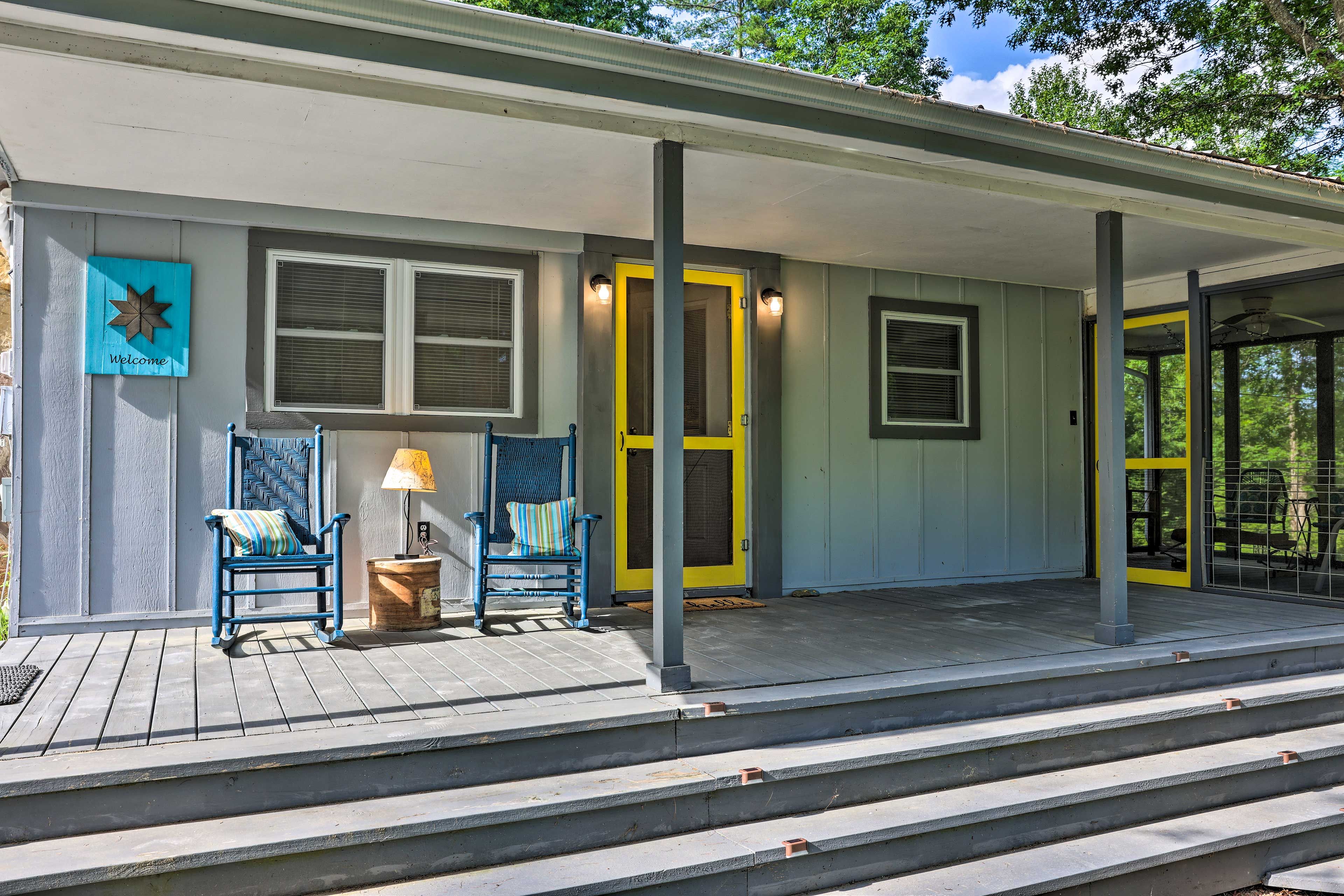 Cabin Exterior | Furnished Front Porch | Stairs Required