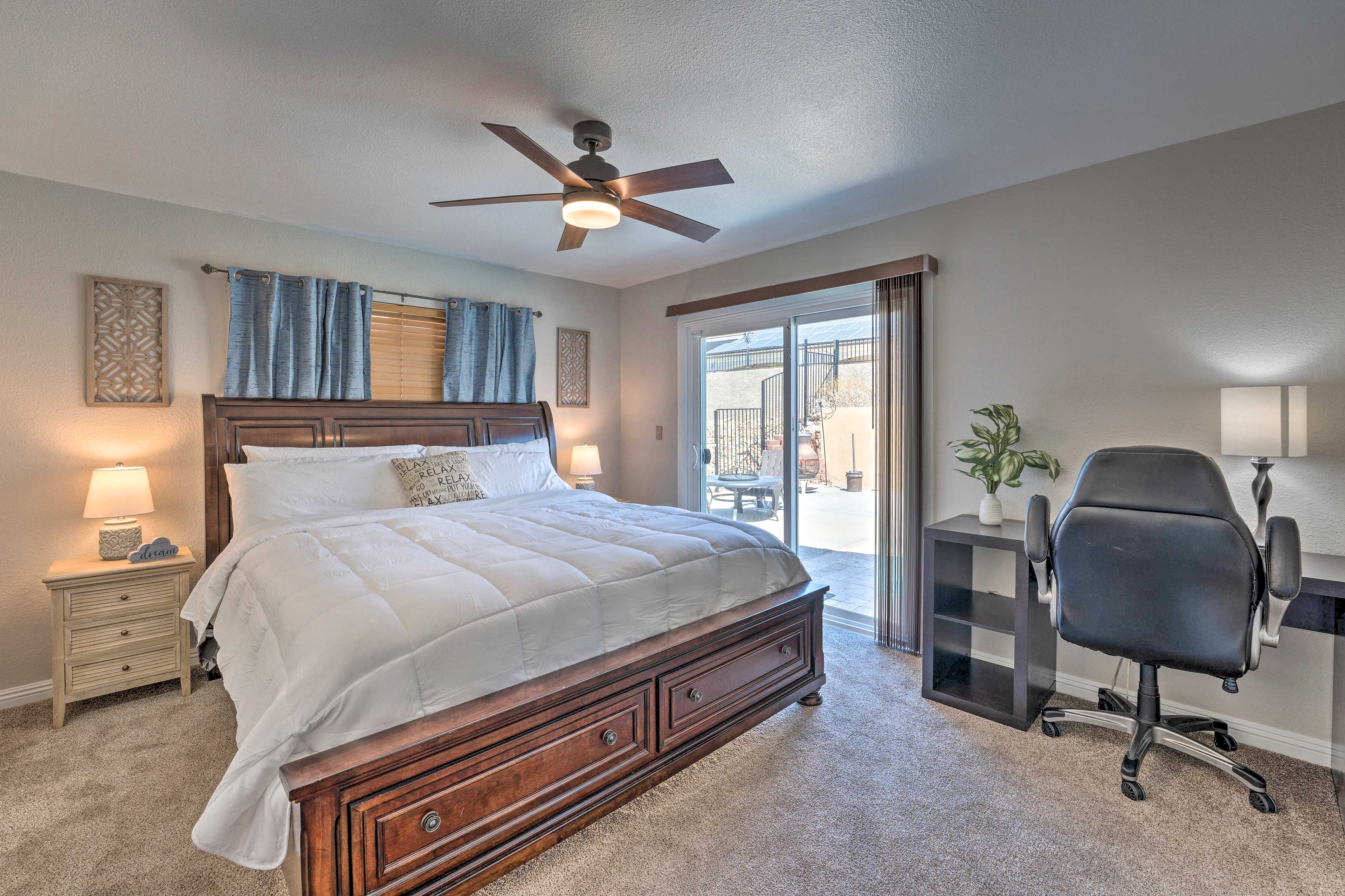 Bedroom 1 | King Bed | Linens Provided | WFH Space